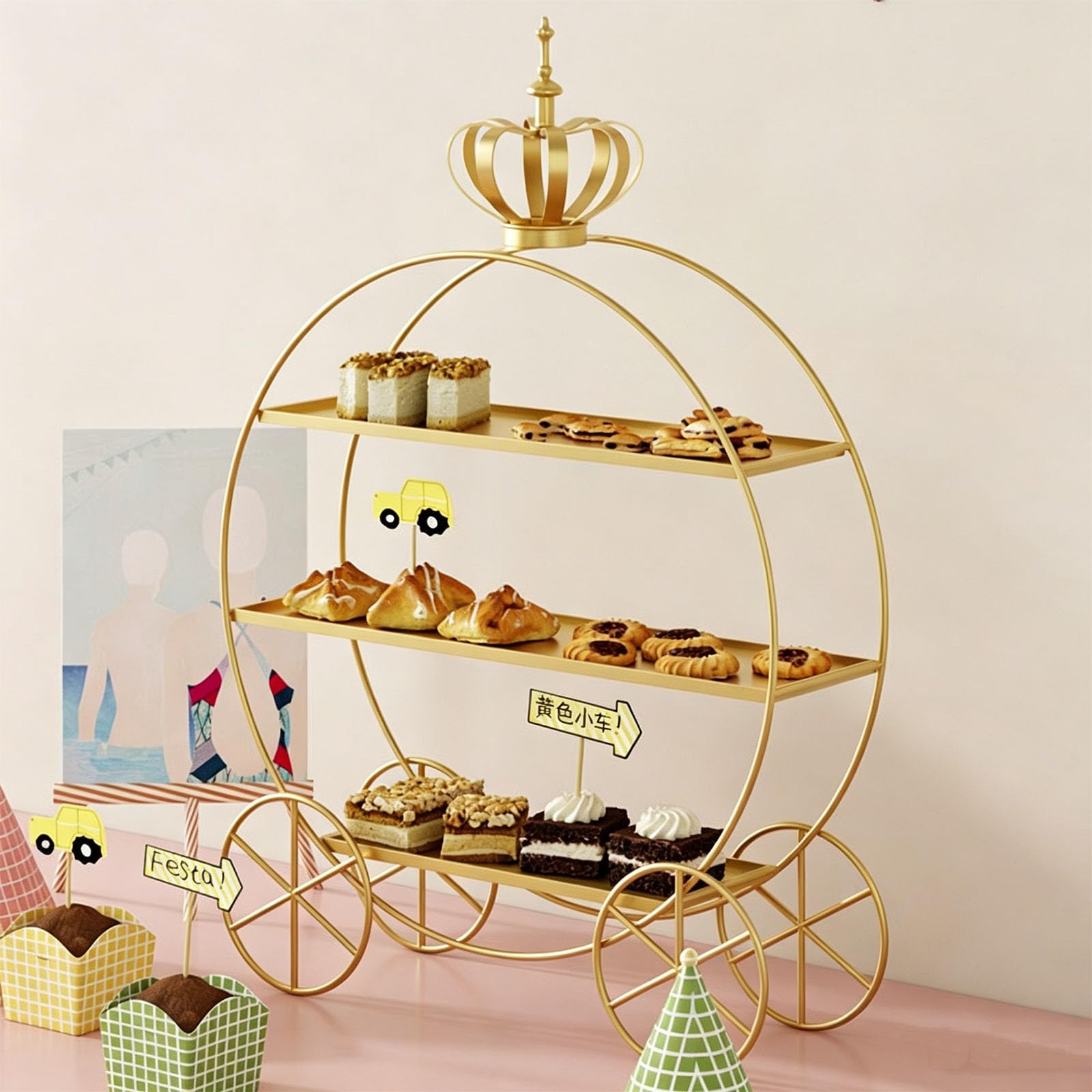 Supporto per cupcake a tre strati in metallo cavo in pizzo lame rotonde stabile piedistallo svasato in ferro resistente alla ruggine matrimonio compleanno pomeridiano a buffet, oro
