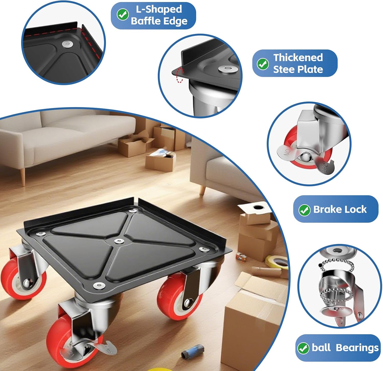 Furniture Mover Dolly Set - 3474lbs Load, Heavy Duty 5-Wheel Ultra-Quiet Thickened Rubber with Pry Bar, Spacers, Non-Slip Pads, Safety Gloves Storage Bag Furniture Mover Dollies Set