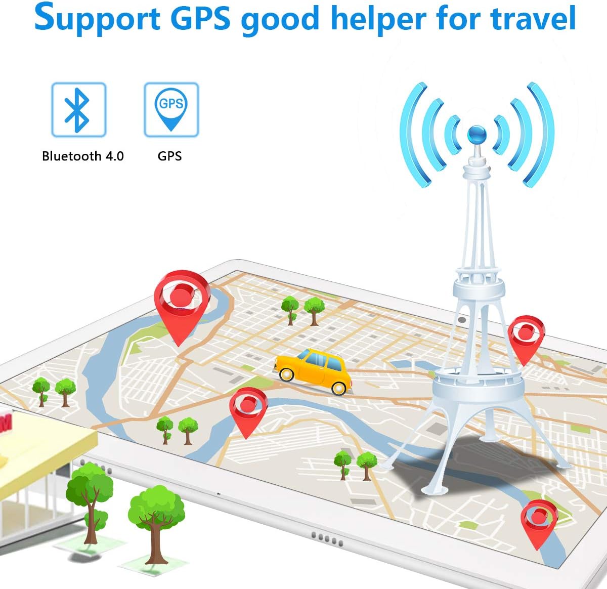 MEIZE Tablet displaying a map with GPS and Bluetooth icons, showing a car icon and location pins.