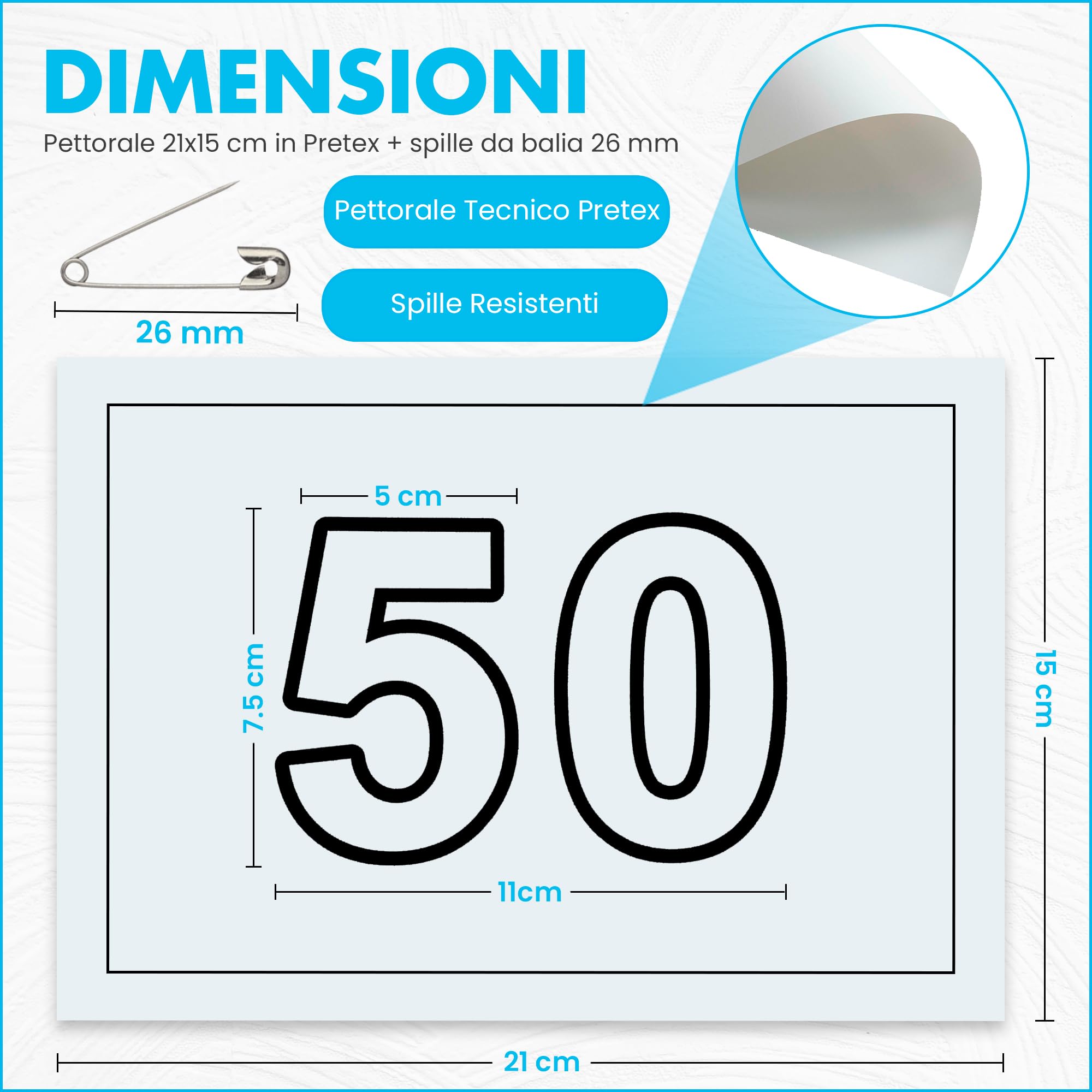 Pettorali da Gara in Formato A5 (21x15 cm) in Pretex 90g - con Spille Incluse - Ideali per Eventi Sportivi - Numeri Grandi Ben Visibili