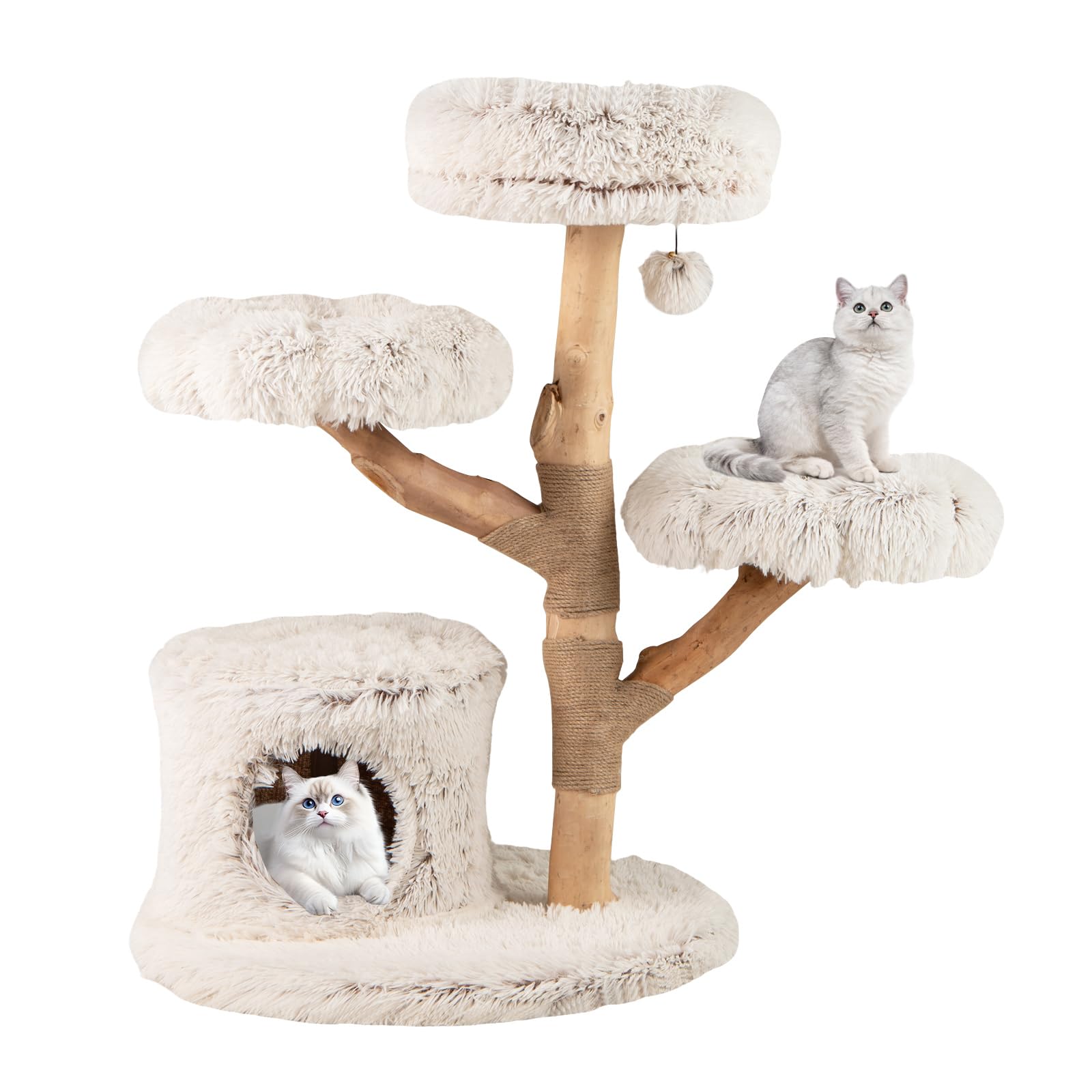 COSTWAY Árbol para Gatos Moderno de Madera Maciza, 102 cm Torre Gatos Rascador Acolchado con Felpa Extra Suave, Rascador para Gatito, 3 Plataformas, Poste de Yute, Nido, Bola Colgante, Blanco