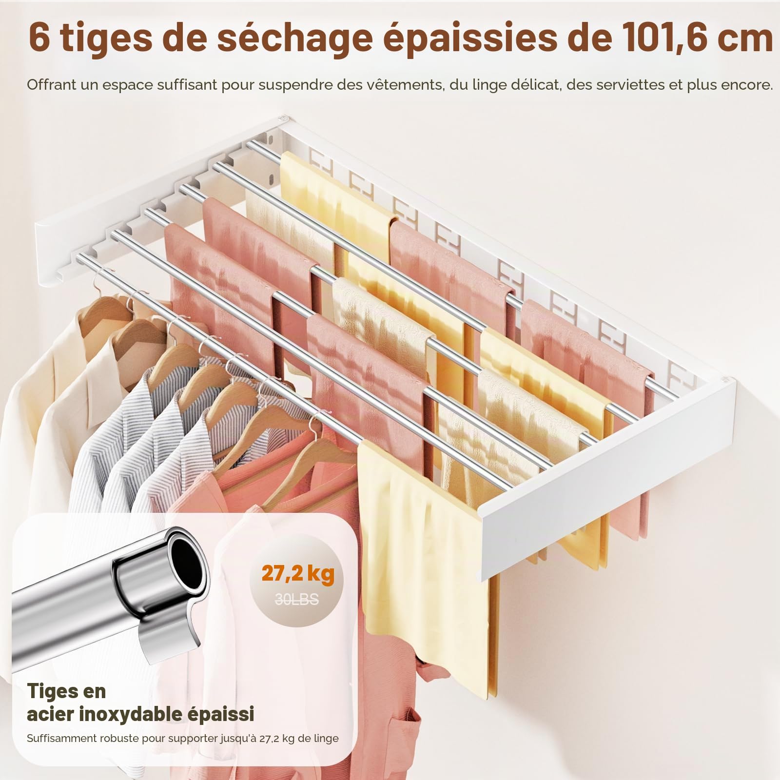 étendoir Mural Pliable pour vêtements, séchoir à Linge Rabattable Invisible, Gain de Place, rétractable pour Serviettes, avec gabarit de Fixation (6 Barres de séchage, Blanc 100 cm)