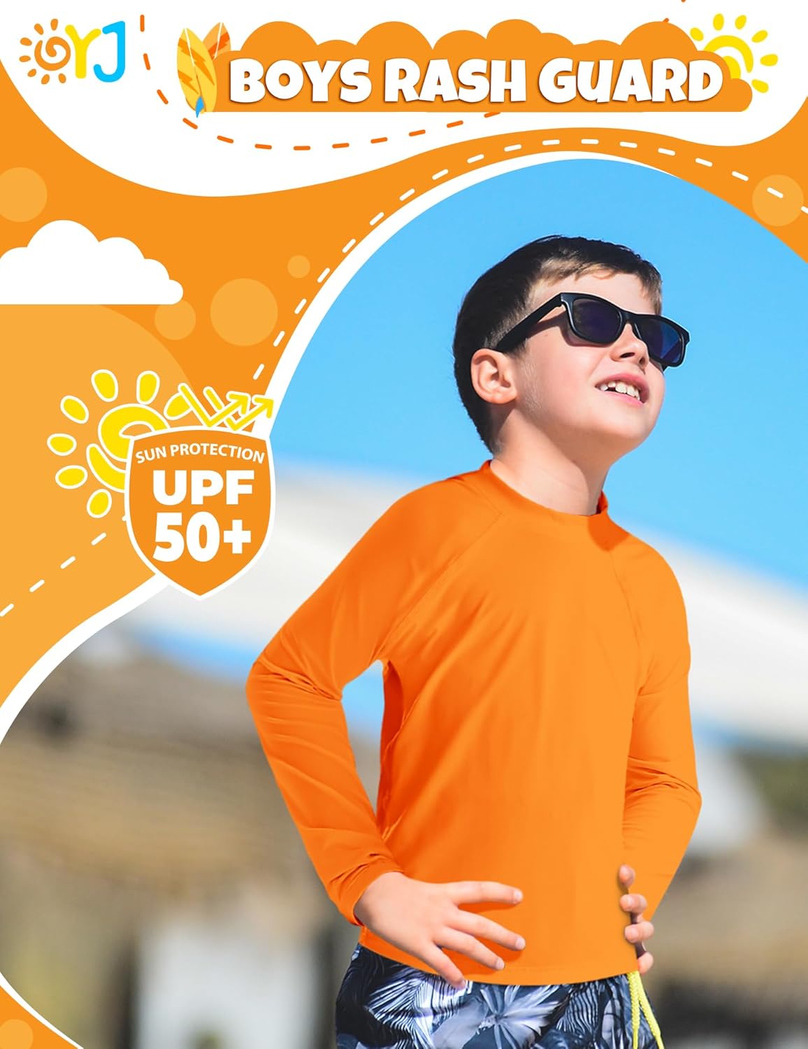 Boys Swim Shirt Long Sleeve Rash Guard for Toddler Kids UPF+ 50 Rashguard 4T Orange - Image 2