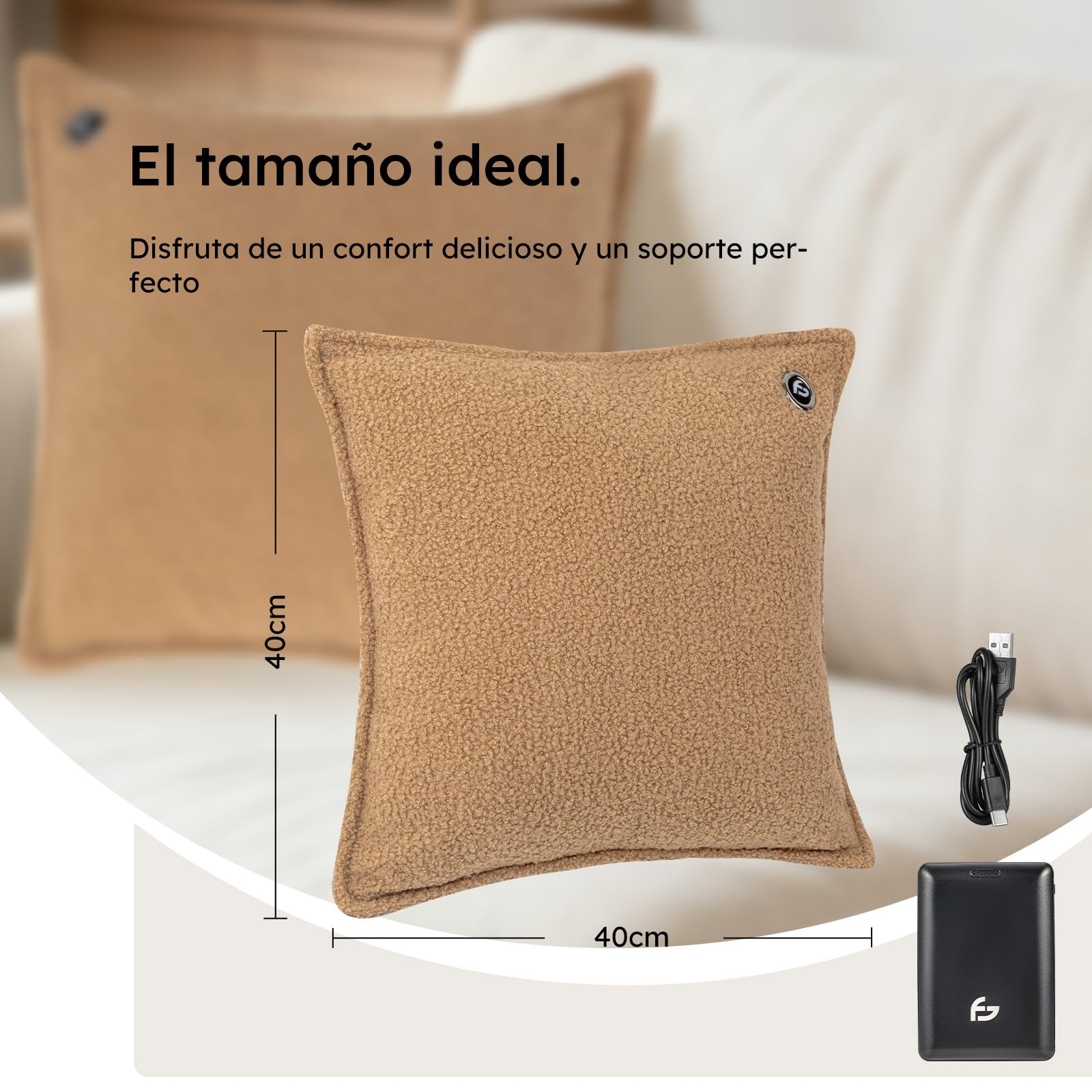 Cojín térmico – 3 modos de calor – Cojín térmico recargable – Banco de energía de 10.000 mAh – Inalámbrico – Cojín térmico – 40 x 40 cm – de Carpa (Taupe)