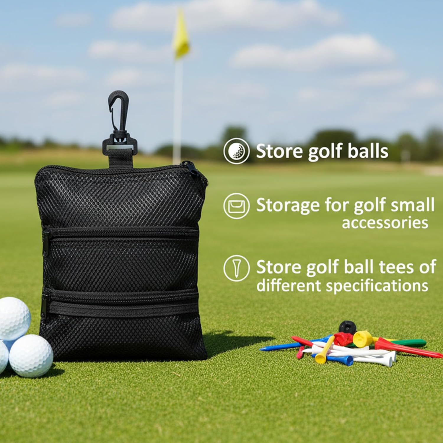 Golf Tee Pouch, Golf Tee Ball Pouch Bag with Lobster Claw Clip, Multi Pocket Zipper Hook Golfs Bag Accessories for Men - 7.68 x 6.5 Black
