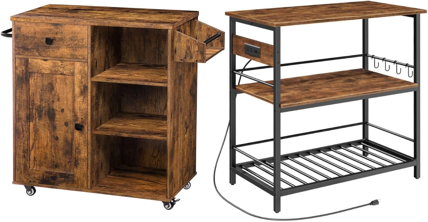HOOBRO Kitchen Island and Kitchen Island with Power Outlet Bundle, Kitchen Cart with Spice and Towel Rack, Saving Space, Easy Assembly, for Living Room, Rustic Brown BF12ZD01-BF120UZD01