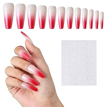 Amazon Com Long Coffin Press On Nails With Jelly Glue Sticker Cosics 24pcs Gradient Red White Acrylic Fake Nails With 24pcs Double Sided Adhesive Tabs Ombre Red Nail Tips White And Red Glossy Glitter