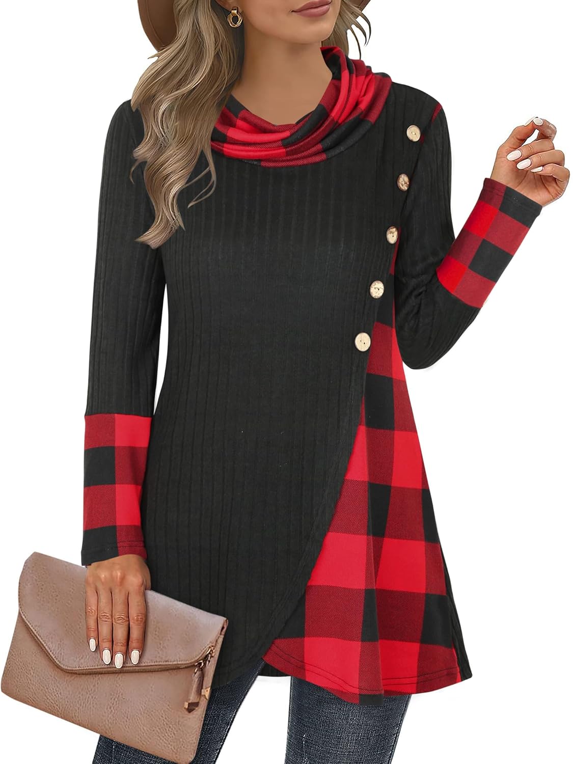 Miusey Women's Cowl Neck Pullover Sweaters Lightweight Long Sleeve Tunic Sweatshirts Asymmetric Hem Knit Sweater