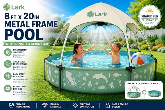 Lark 8 ft x 20 in Framed Kids Pool with UV-Resistant Canopy, Adjustable Sprinkler Mister, Framed, Shade Cover, Easy Setup Backyard Splash Pool for Children and Families