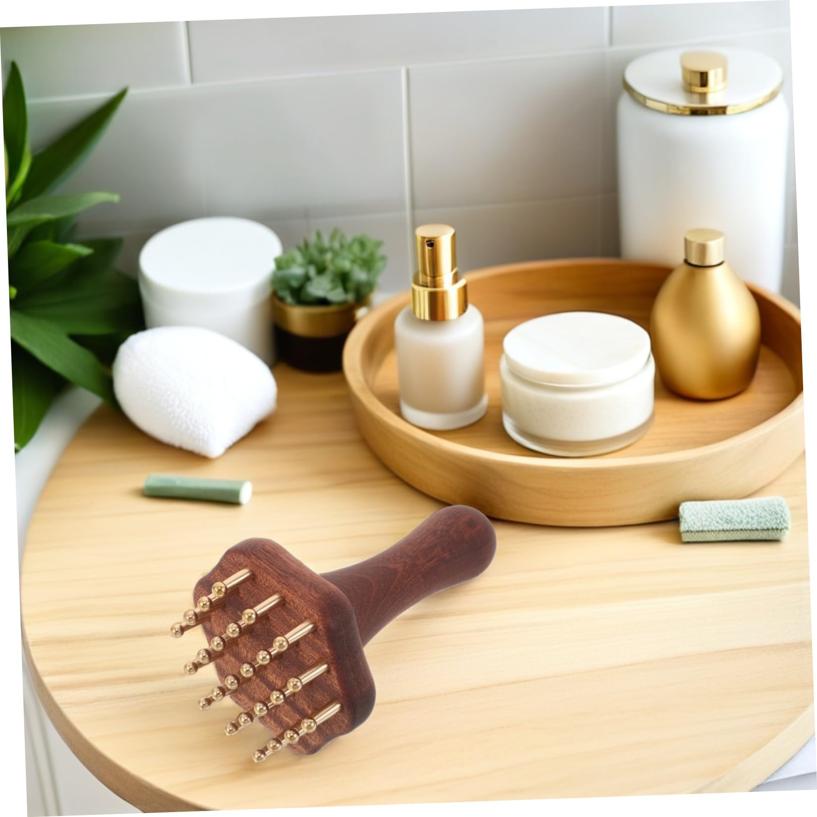 CALLARON Cepillo ergonómico de latón y madera con 24 dientes para masaje abdominal y cuidado de cuello, adecuado para spa en casa, pack doble