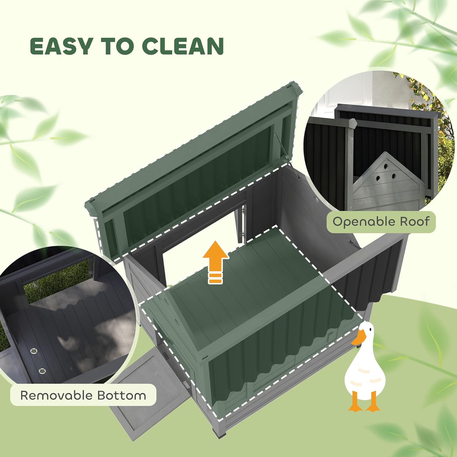 PawHut Duck Coop, Wooden Duck House, Outdoor Small Animal House with Openable Roof, Double Doors, Removable Base for 1-3 Ducks, Chickens, Rabbits, Cats, Light Gray