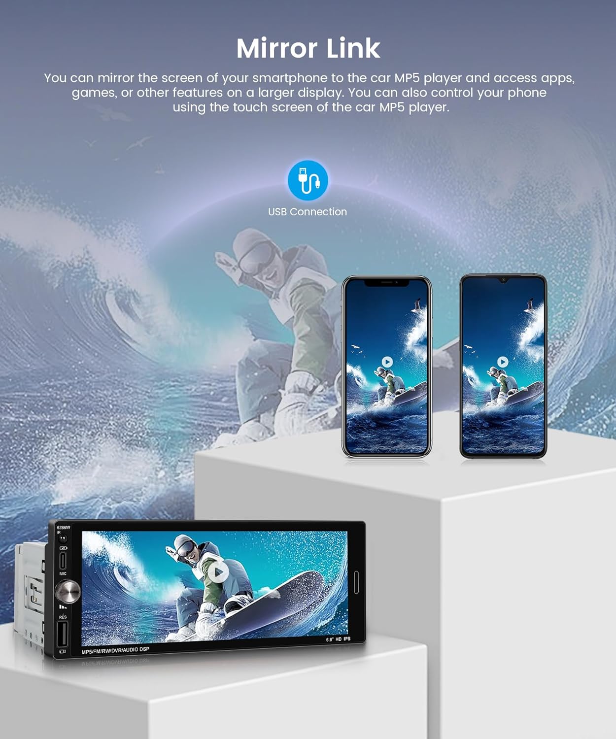 Single Din Car Radio Stereo Wireless Carplay & Android Auto, 6.9" HD IPS Touch Screen Radio, Bluetooth 5.2 Car Audio Receiver, Mirror Link, SWC, 1 Din Stereo with Backup Camera, FM/EQ/USB/Type-C