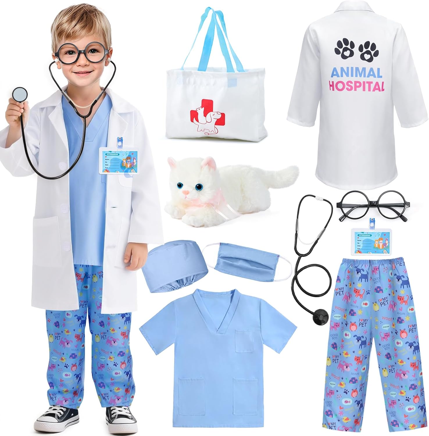 Latocos 10pcs Kids Veterinarian Costume Toddler Doctor Vet Kit Play Set Cat Coat for Boys Girls Halloween Dress Up Career Day