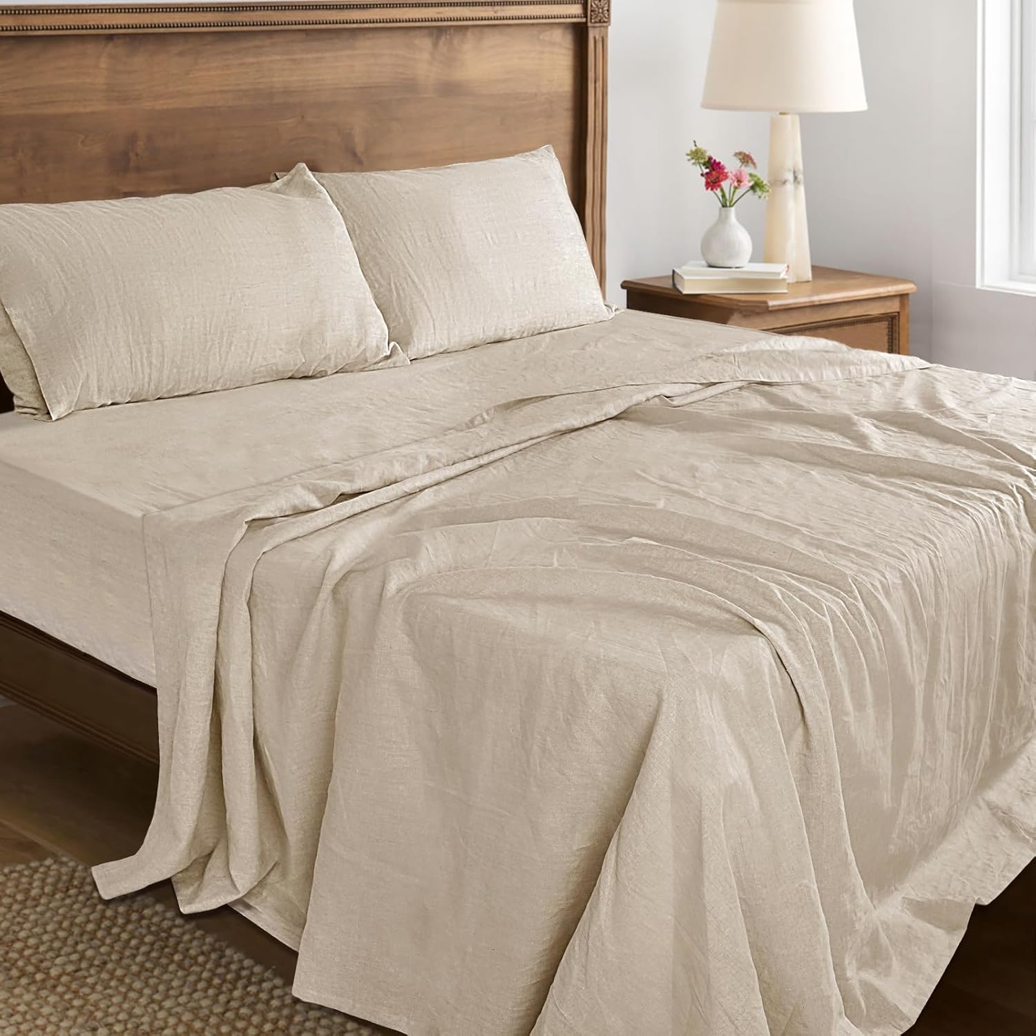 100% French Linen Sheets Set: 4 Piece Sets Extra Soft Natural Flax Bed Sheet Solid Color Comfy Breathable Cooling Sheets Luxury Bedroom Decor Room Essentials with Deep Pocket Easy-Fit (Linen, Queen)