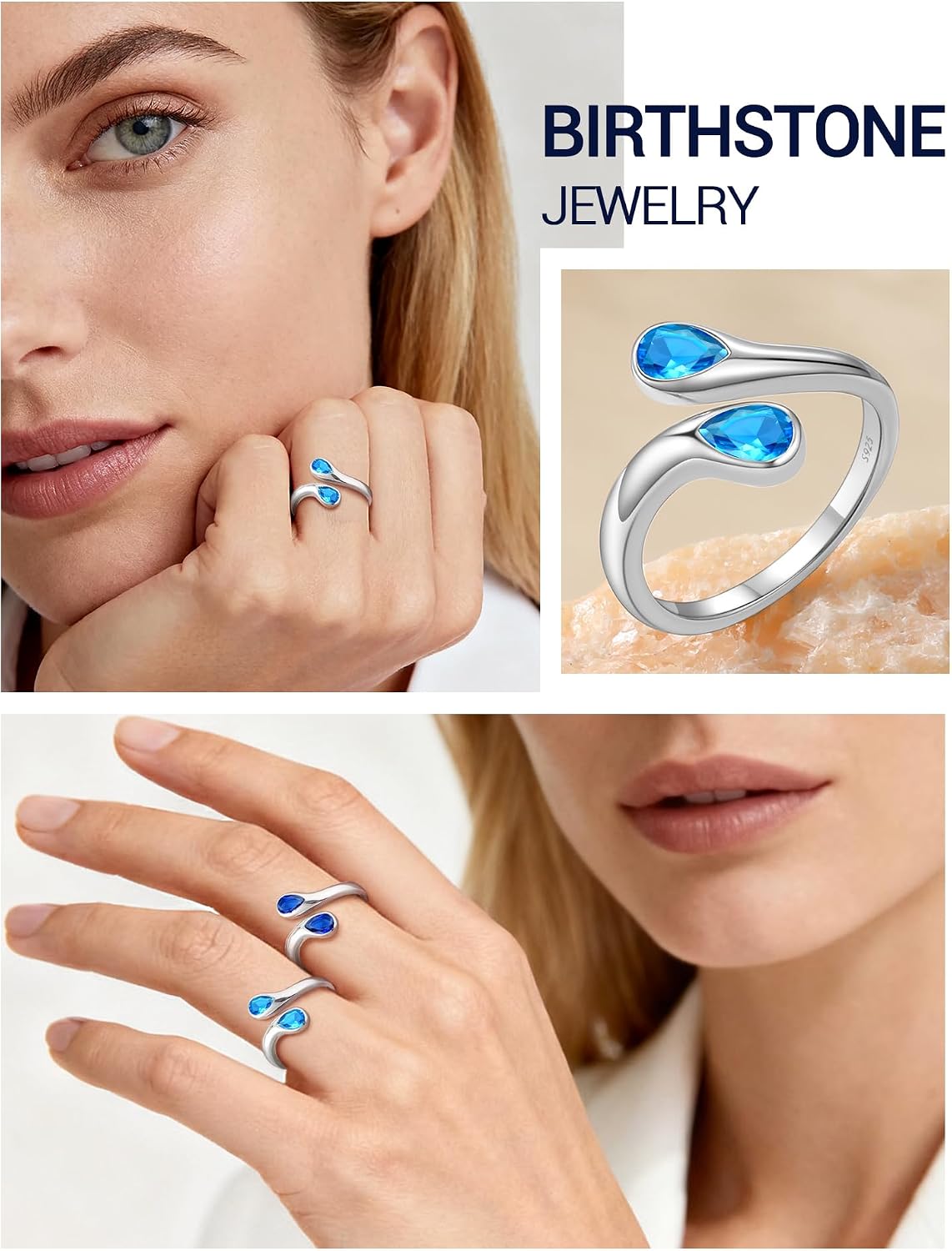 PROSILVER S925 Sterling Silver Adjustable Rings for Women Dainty Birthstone Statement Ring, Dual Pear-Cut Gemstones, Open Band Rings, Jan - Dec Available