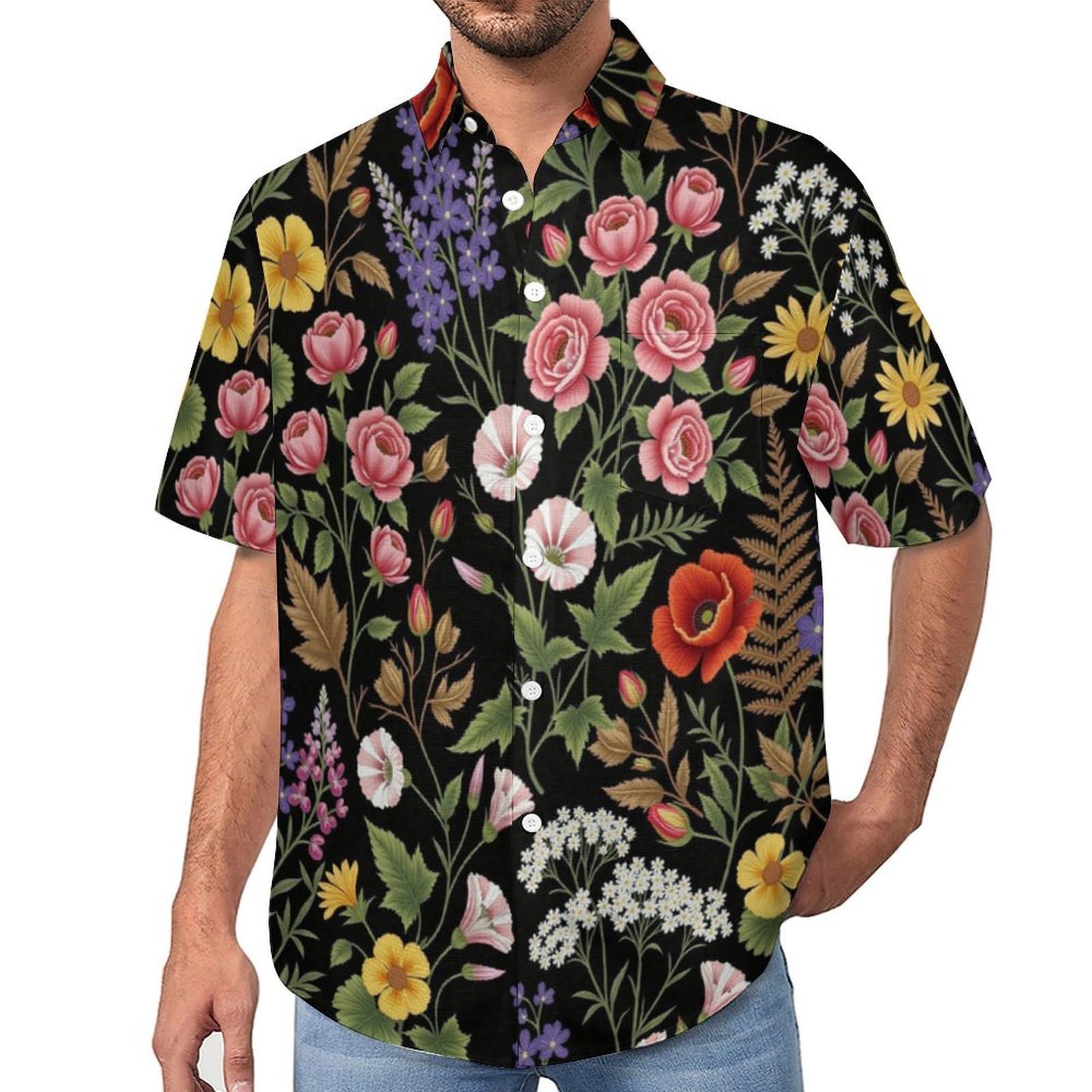 Funky Camicia Hawaiana Uomo, Manica Corta Design Aloha Camicie con Bottoni, Estiva Camicie a Fiori di Campo Colorati Casual Stampa Spiaggia Estate Floreale Vintage Camicia