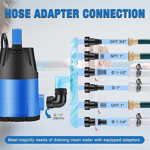 Miniatura 7 de Bomba de sumidero 1HP Bomba de agua sumergible limpiasucia, bomba eléctrica termoplástica portátil de 3900 GPH de baja succión para piscina, jardín,