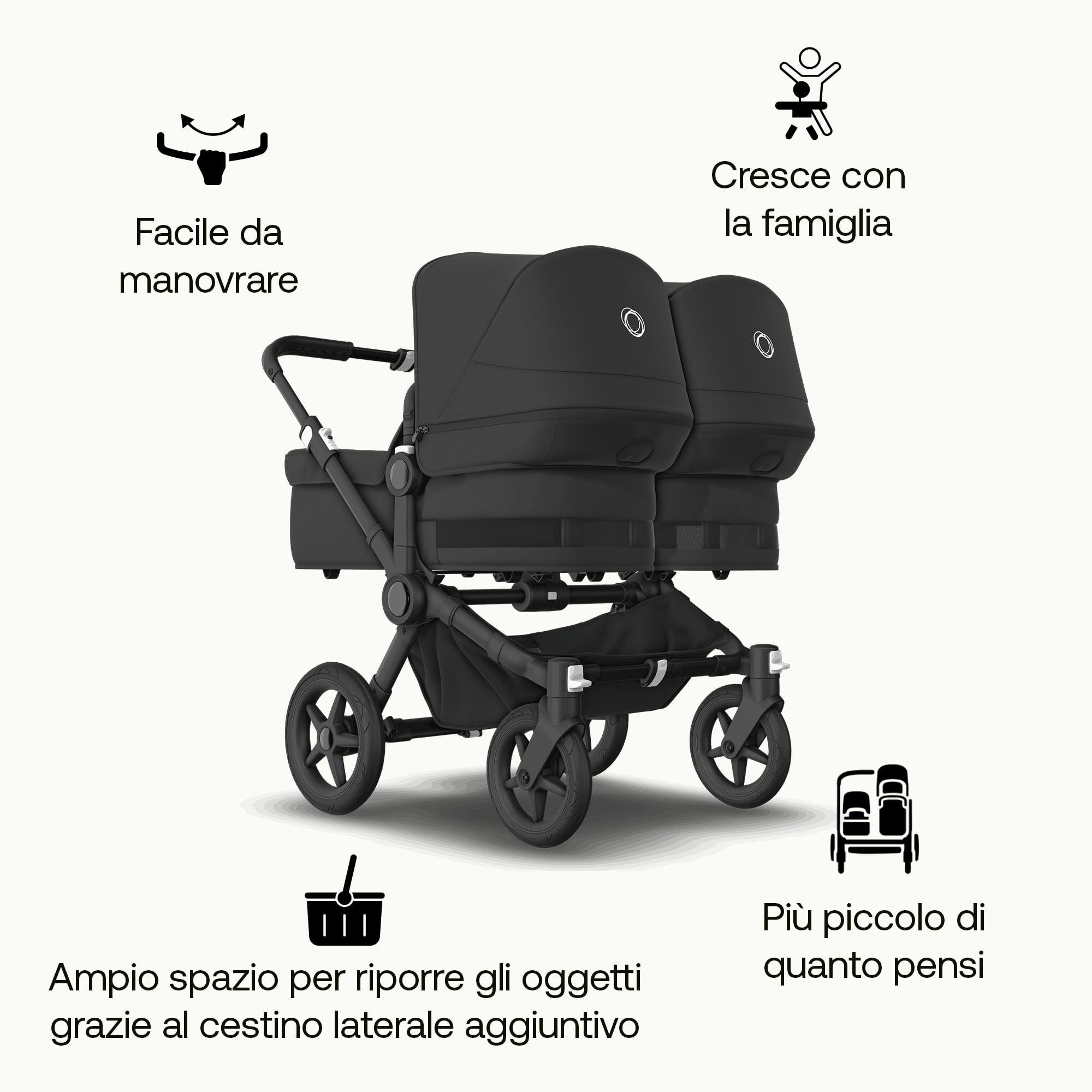 Bugaboo Donkey 5 Twin, Set di Conversione Passeggino Completo, Affiancato, Design Migliorato, Seduta Reversibile, Guida a una Mano e Archiviazione Espandibile, Midnight Black