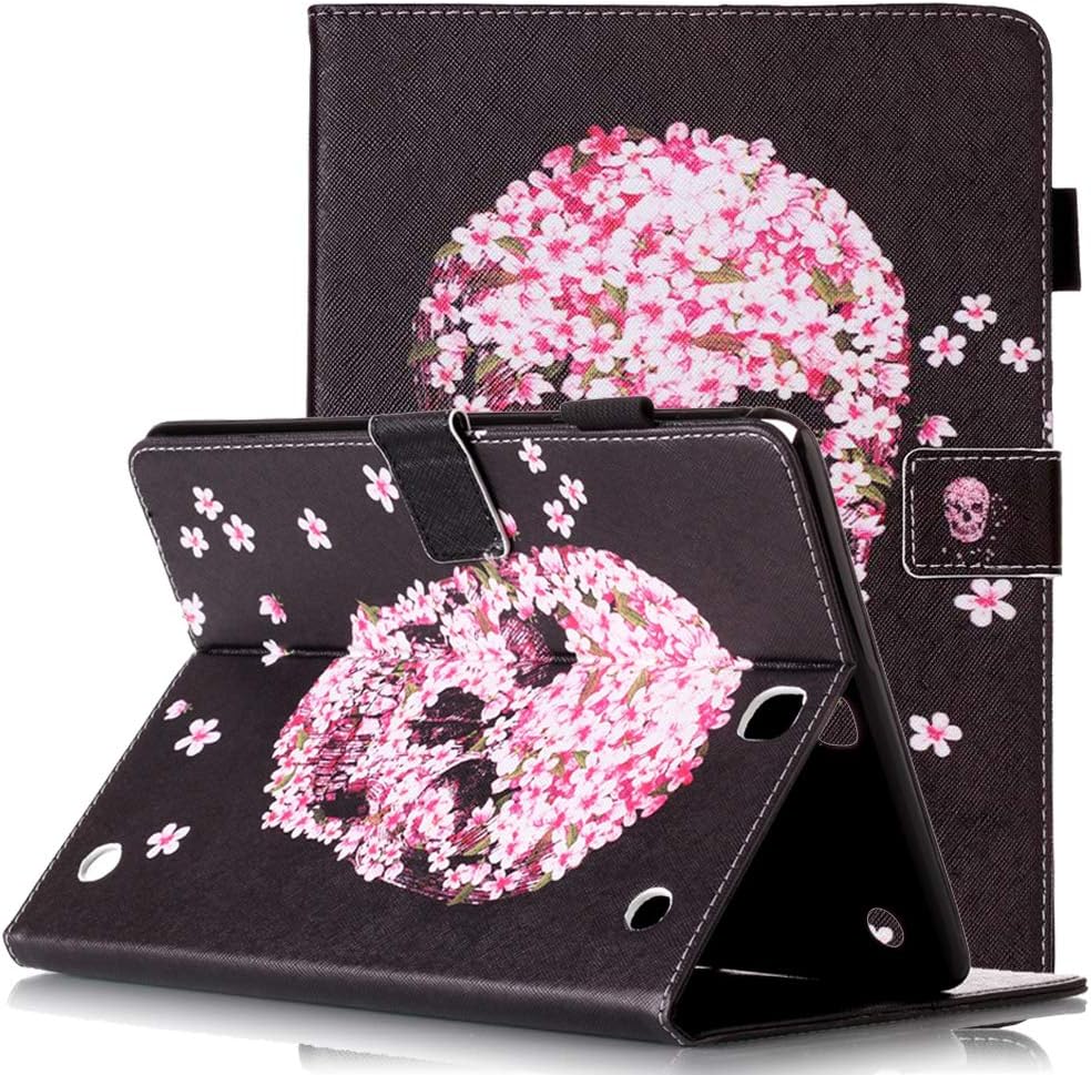 Samsung Galaxy Tab A 9.7 SM-T550 Tablet Case 2015, Protective Leather Smart Card Case with Auto Sleep/Wake Stylus Pen Holder Cute Cartoon Flip Stand Cover for Samsung SM-T555 (Pink Flower Skull)