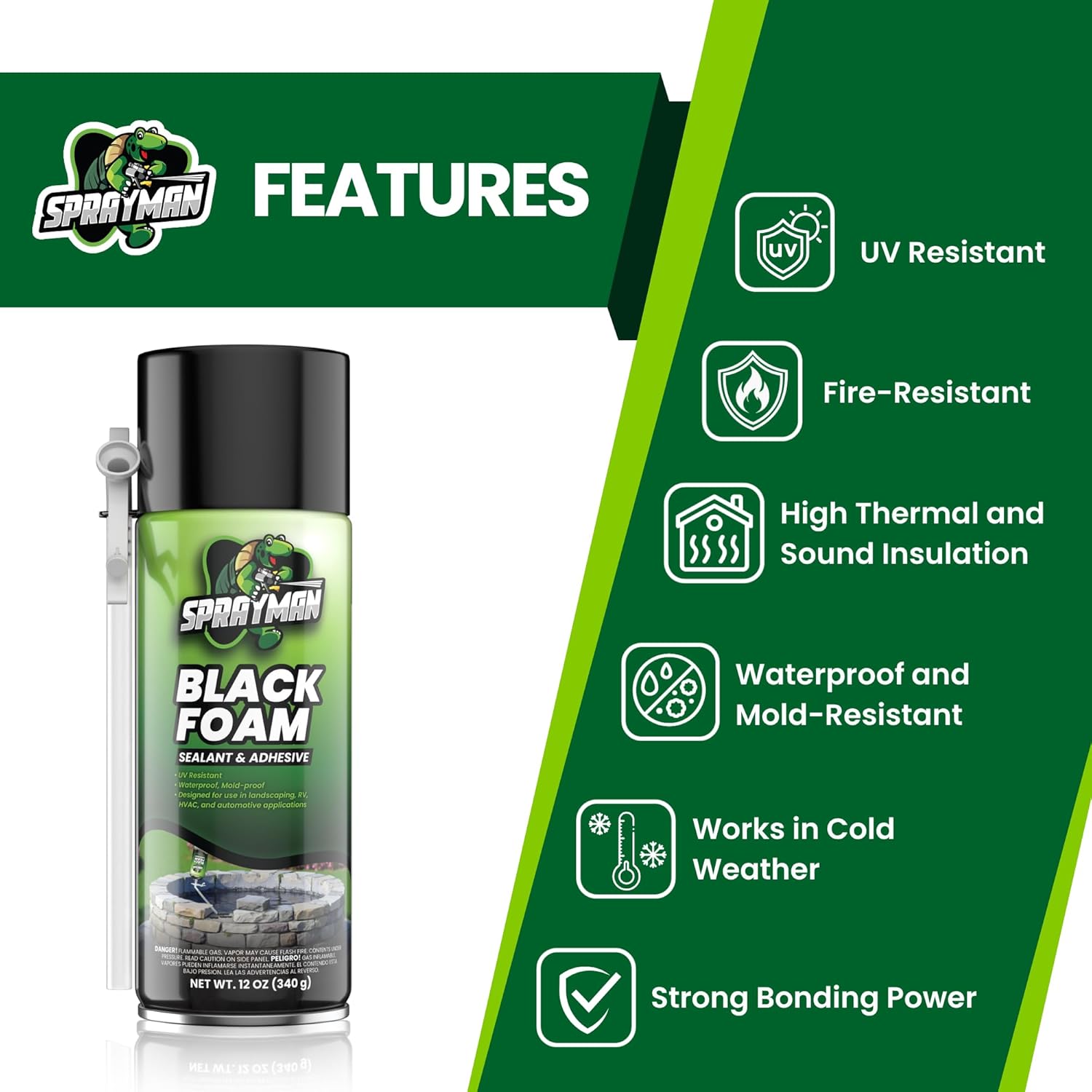 Sprayman Black Waterfall Foam Sealant - (12x12oz) Expanding Polyurethane Pond Foam Sealer, UV Resistant, Water Proof Spray for Landscape & Exterior, Straw Use, 12 Pack