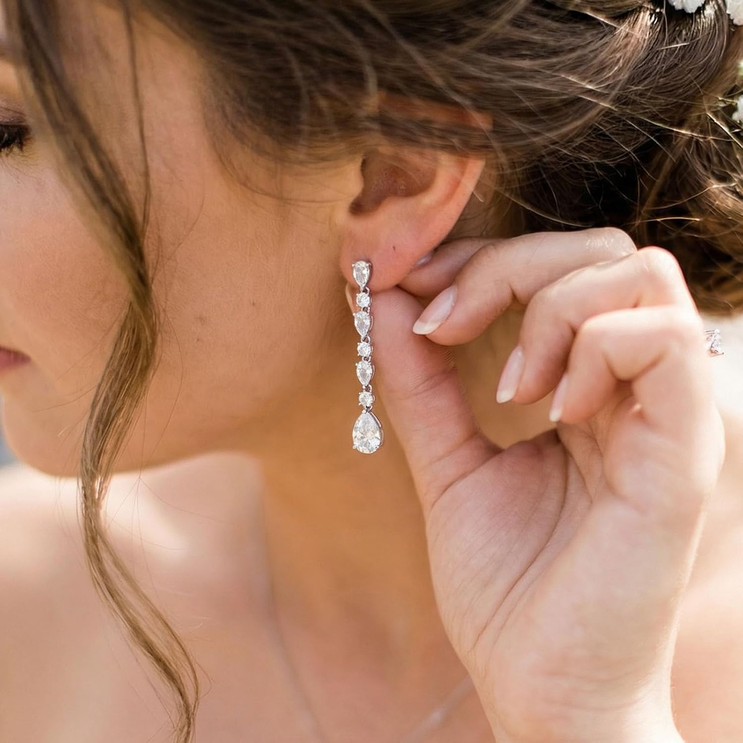 SWEETV Cubic Zirconia Dangle Earrings for Women, Teardrop Bridal Earrings for Wedding, Brides, Bridesmaids, Pear Shaped Drop Earrings for Women Prom Formal Party, Silver