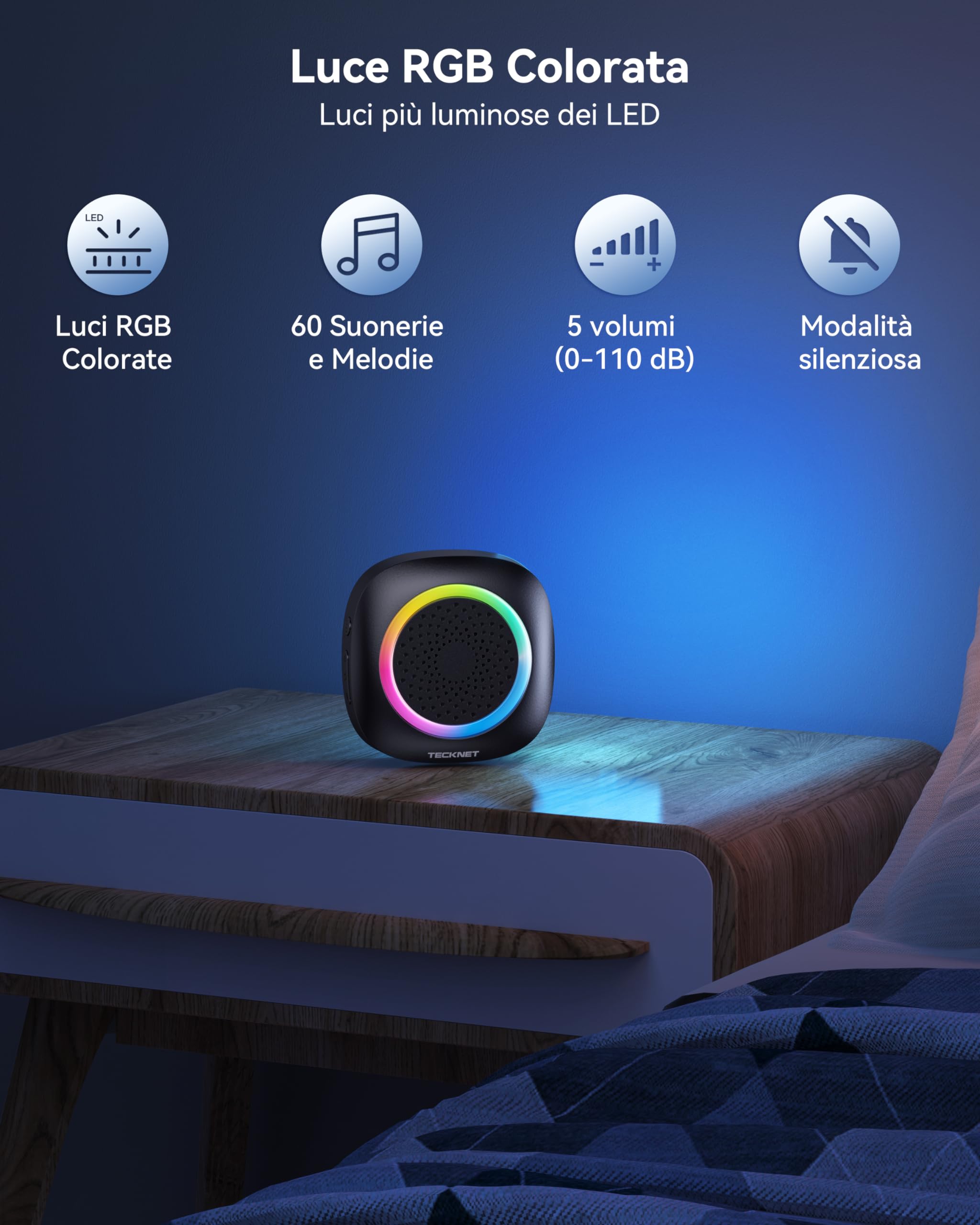 TECKNET Campanello Senza Fili Alimentato a Batteria Impermeabile IP66, Portata 400M, 5 Livelli Volume 60 Melodie, Batteria Rimovibile RGB Campanello Wireless Esterno per Casa, Ufficio, Emergenza ecc