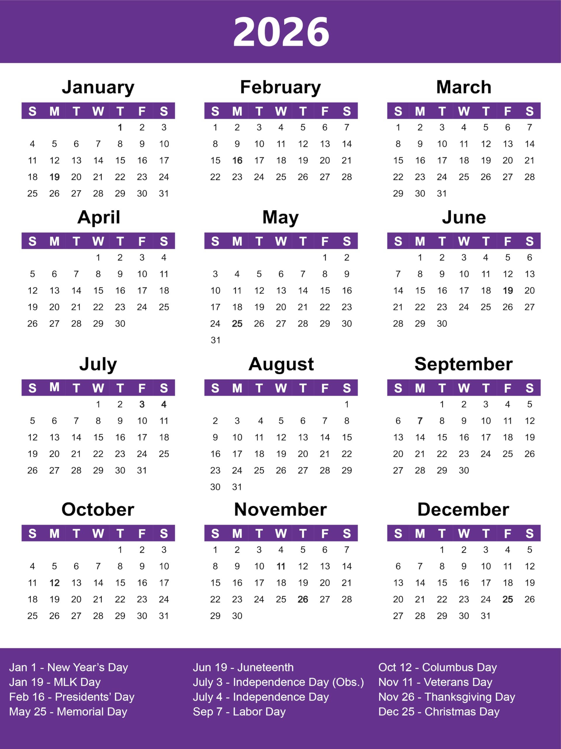 2026 Full Yearly Calendar Magnet – Durable, Compact Design with Federal Holidays – Perfect for Fridge or Office Organization (Purple, 7.5"W x 10"H)