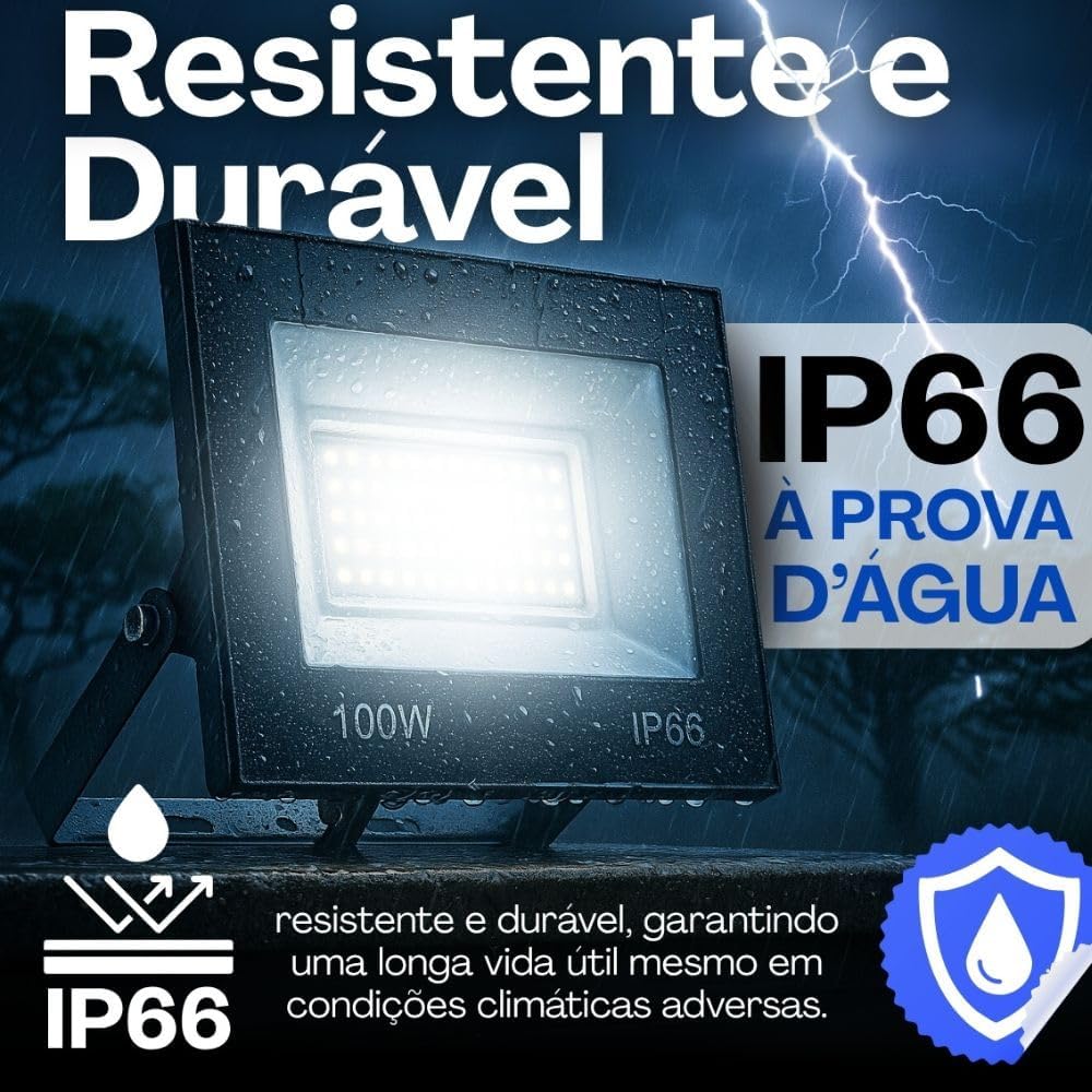 Refletor LED Holofote 100W Branco Frio 6500K - IP66 à Prova d’Água Econômico para Jardim, Fachada e Quintal Premium Refletor LED Holofote 100W Branco Frio 6500K - IP66 à Prova d’Água Econômico para Jardim, Fachada e Quintal Premium