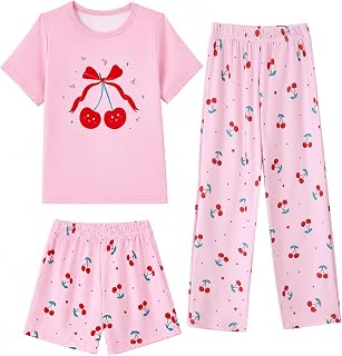 Mikrdoo Girls Pajamas 3 Piece Pj Set Fall Cozy Sleepwear for Kids 4-14Y | Stretchy breathable girls pajamas set, soft ribbed knit 3-piece sleepwear, cozy toddler pajamas for bedtime & lounging