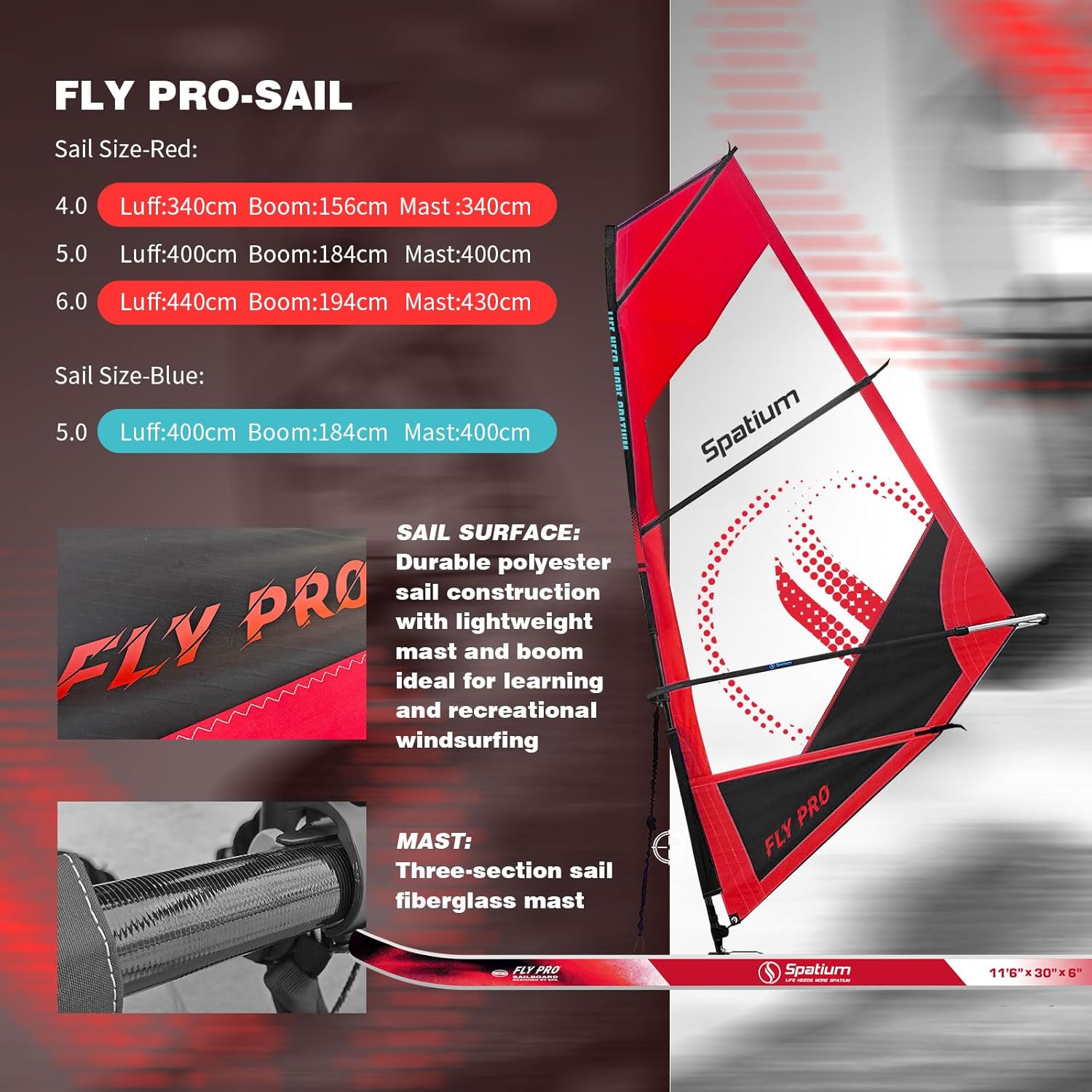 Spatium Paddleboard Sail Inflatable Windsurfing Board and Sail 5m²/6m² Inflatable Windsurf Sail with Sail Board for Newbie Friendly Windsurfer