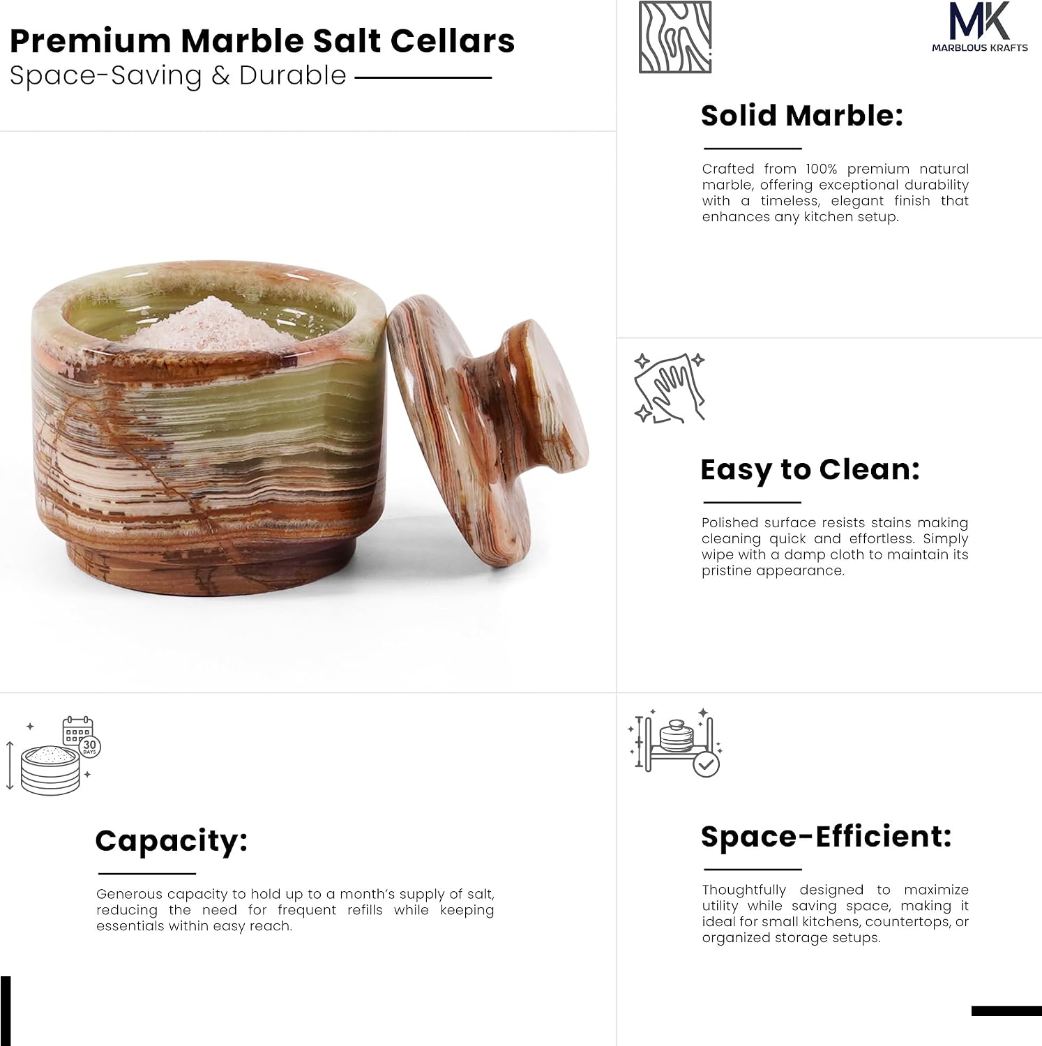 MARBLOUS KRAFTS Marble Salt Cellar with Lid 3" Inch Green Salt Jar & Table Salt Storage For Kitchen Countertop, Salt Container, Salt Dish & Sugar Bowl For Table