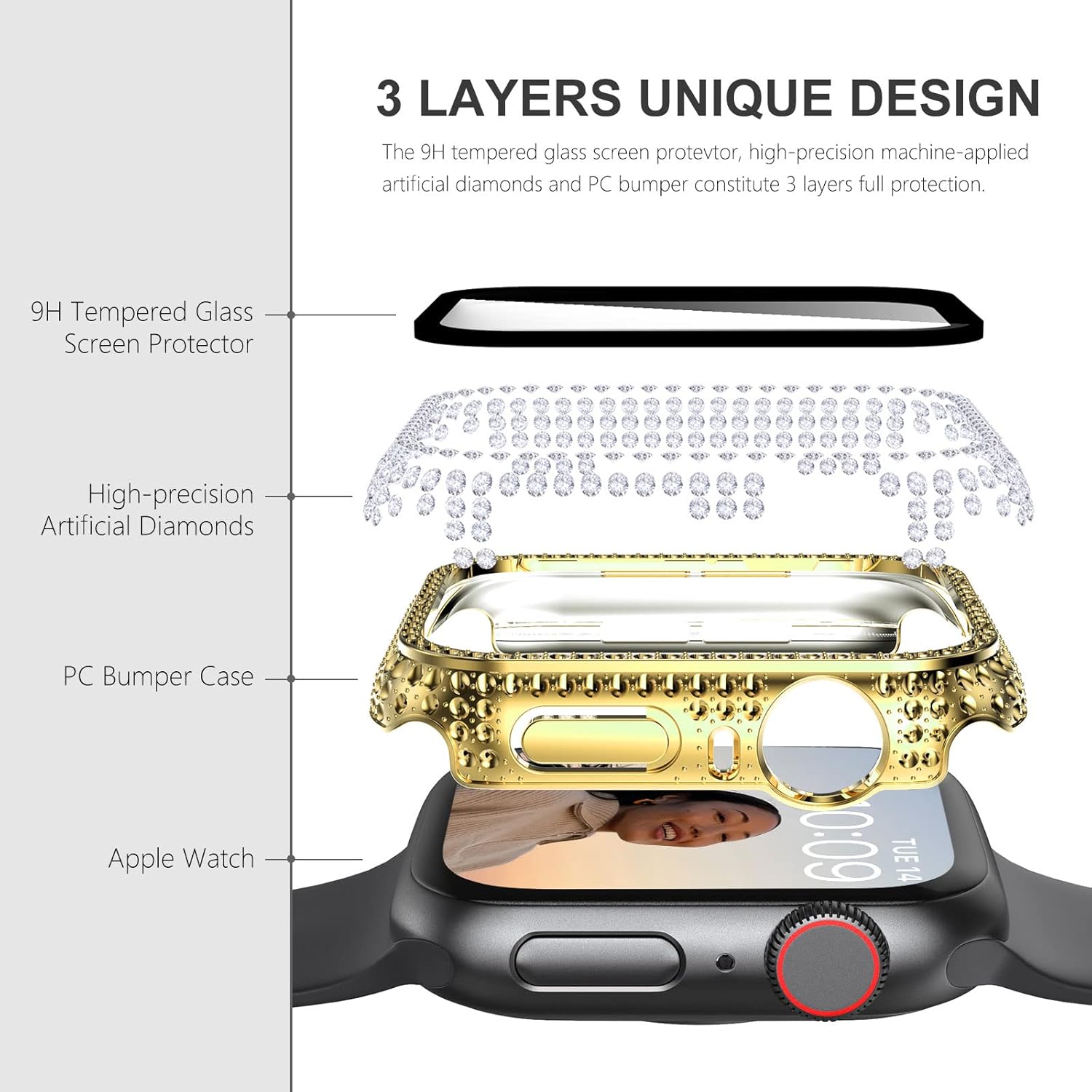Surace Compatible with Apple Watch Case 40mm, 300 Diamonds with Screen Protector for Apple Watch Series 6/5/4/3/2/1, Bling Case Tempered Glass Protective Cover for 38mm 40mm 42mm 44mm, Gold - Image 5