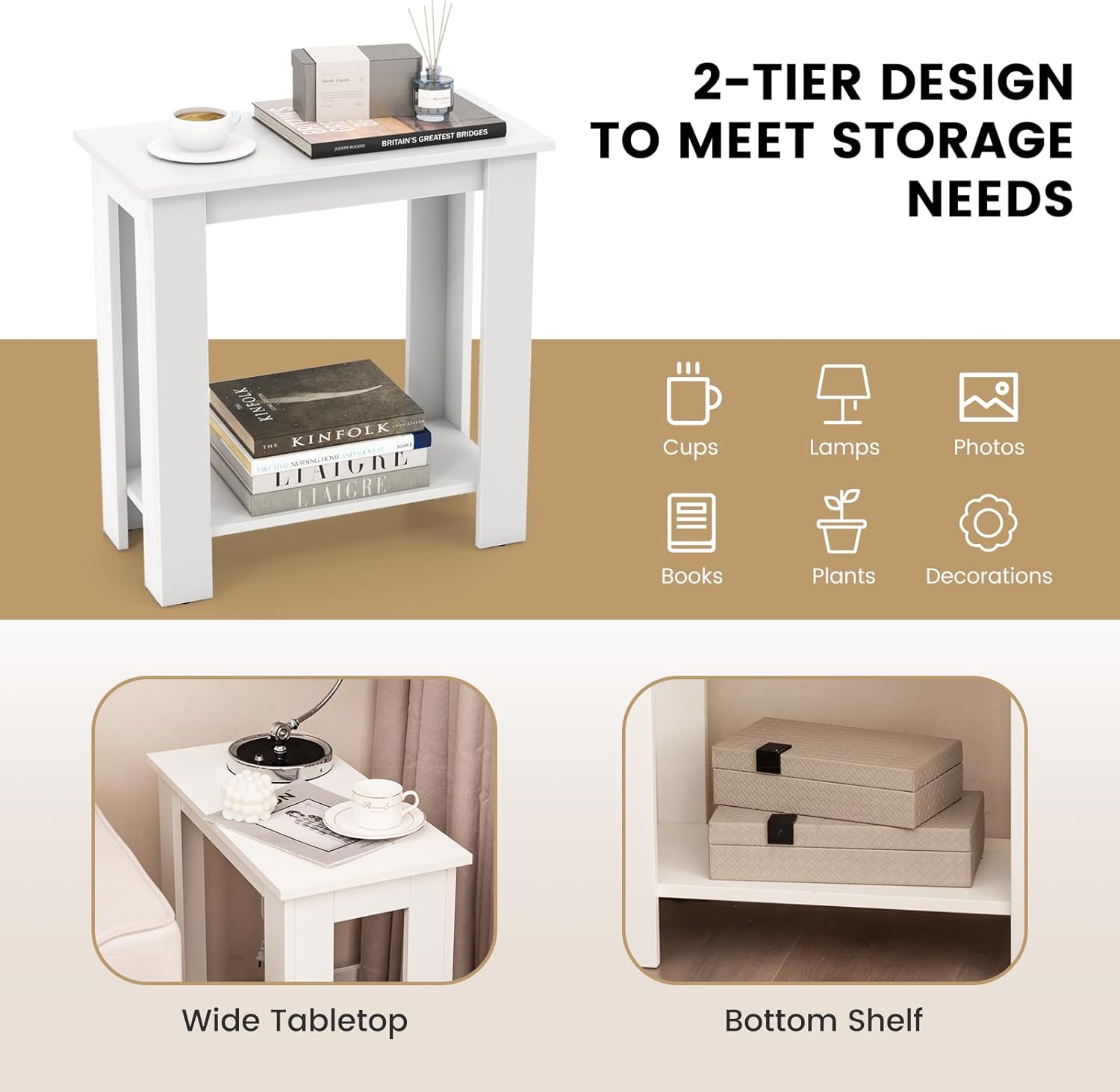Giantex Narrow End Table, 2-Tier Side Table with Open Storage Shelf, Retro Wood Sofa Table Bedside Tables for Small Spaces, Slim Nightstand for Living Room, Bedroom, Easy Assembly, White