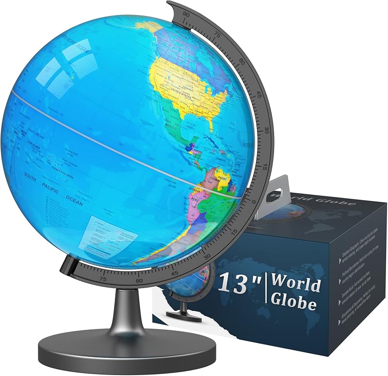 Globo terráqueo de 13" para niños y adultos con base estable de metal pesado | Globo terráqueo interactivo con superficie HD resistente al agua y grabable, juguete educativo de aprendizaje STEM, regalo para enseñanza en el aula