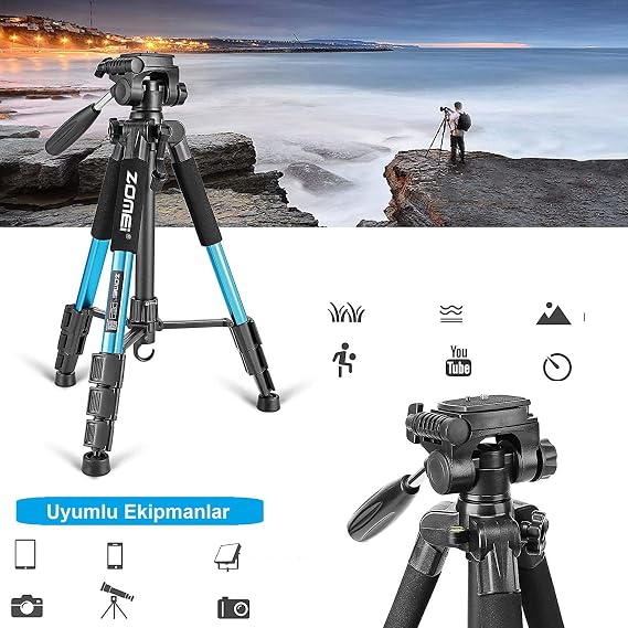 coverzone Zomei Q111 Camera Tripod + Remote Control with Mobile Phone Holder, Aluminum Alloy Lightweight Camera Stand Tripod 3 Way Rotary Head Quick Change Plate and Bag 47 – 140cm Blue Color