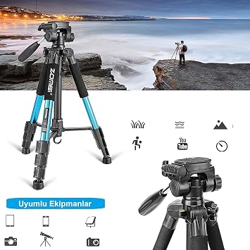 coverzone Zomei Q111 Camera Tripod + Remote Control with Mobile Phone Holder, Aluminum Alloy Lightweight Camera Stand Tripod 3 Way Rotary Head Quick Change Plate and Bag 47 – 140cm Blue Color