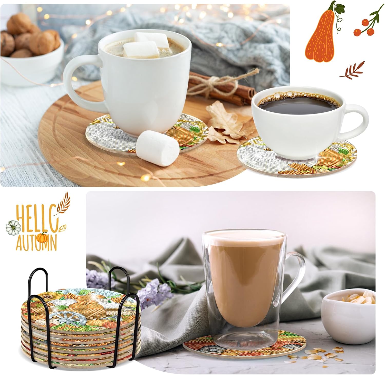 Fall Pumpkin Diamond Painting Coasters - 8 Pcs DIY Autumn Pumpkin Sunflowers Diamond Art Coaster Harvest Themed Art Craft Kit for Beginners Adults for Birthday Gifts Craft Supplies