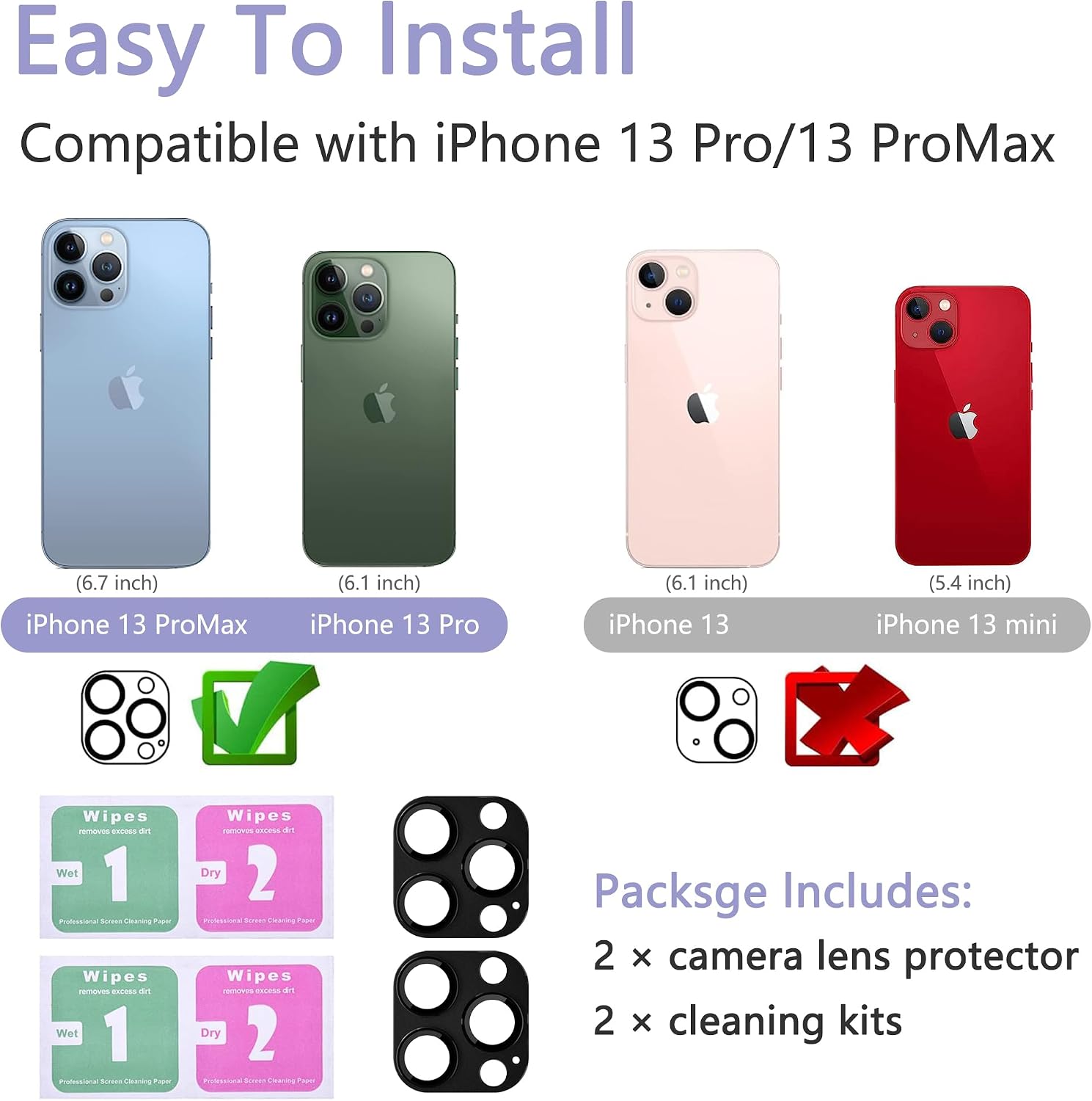 2 Pack Camera Lens Protector for iPhone 13 Pro/13 Pro Max,[Not Easy to Breakn ] AR Tempered Glass Strong Adsorption Metal Camera Cover Screen-Black image 2