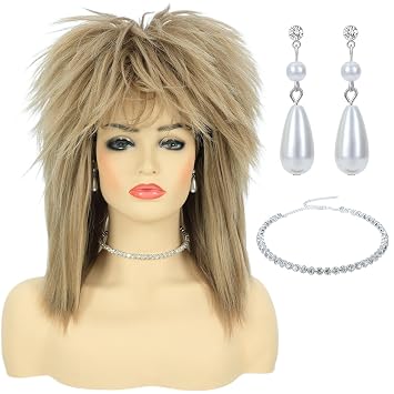 Bettecos 80s Womens Rock Diva Costume Wig with Necklace and Earring for Women Big Hair Blonde 70s 80s Rocker Mullet Wigs Glam Punk Rock Rockstar Cosplay Wig for Halloween Party Light Blonde