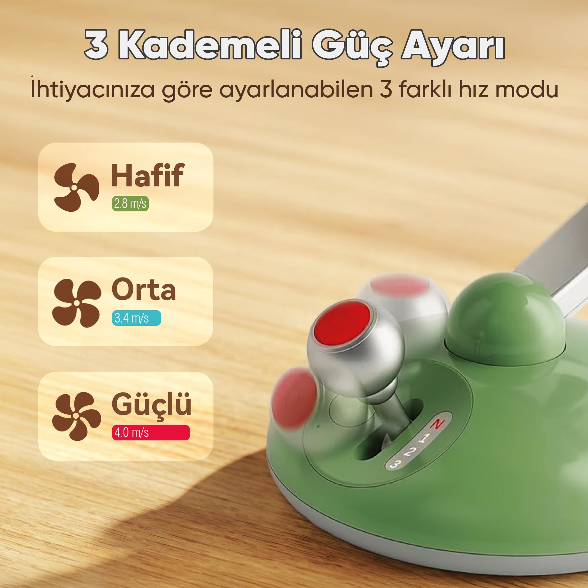 Juo Q3 120° Salınımlı 3 Kademeli LED Işıklı Şarjlı Masaüstü Fan Vantilatör Retro Kırmızı