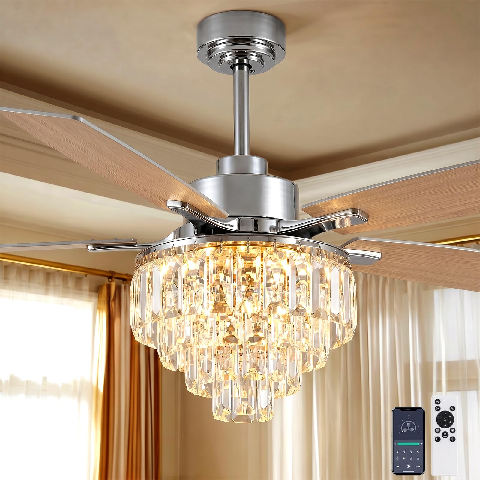 LUDOMIDE Chandelier Ceiling Fan, 52 Inch Crystal Ceiling Fan with