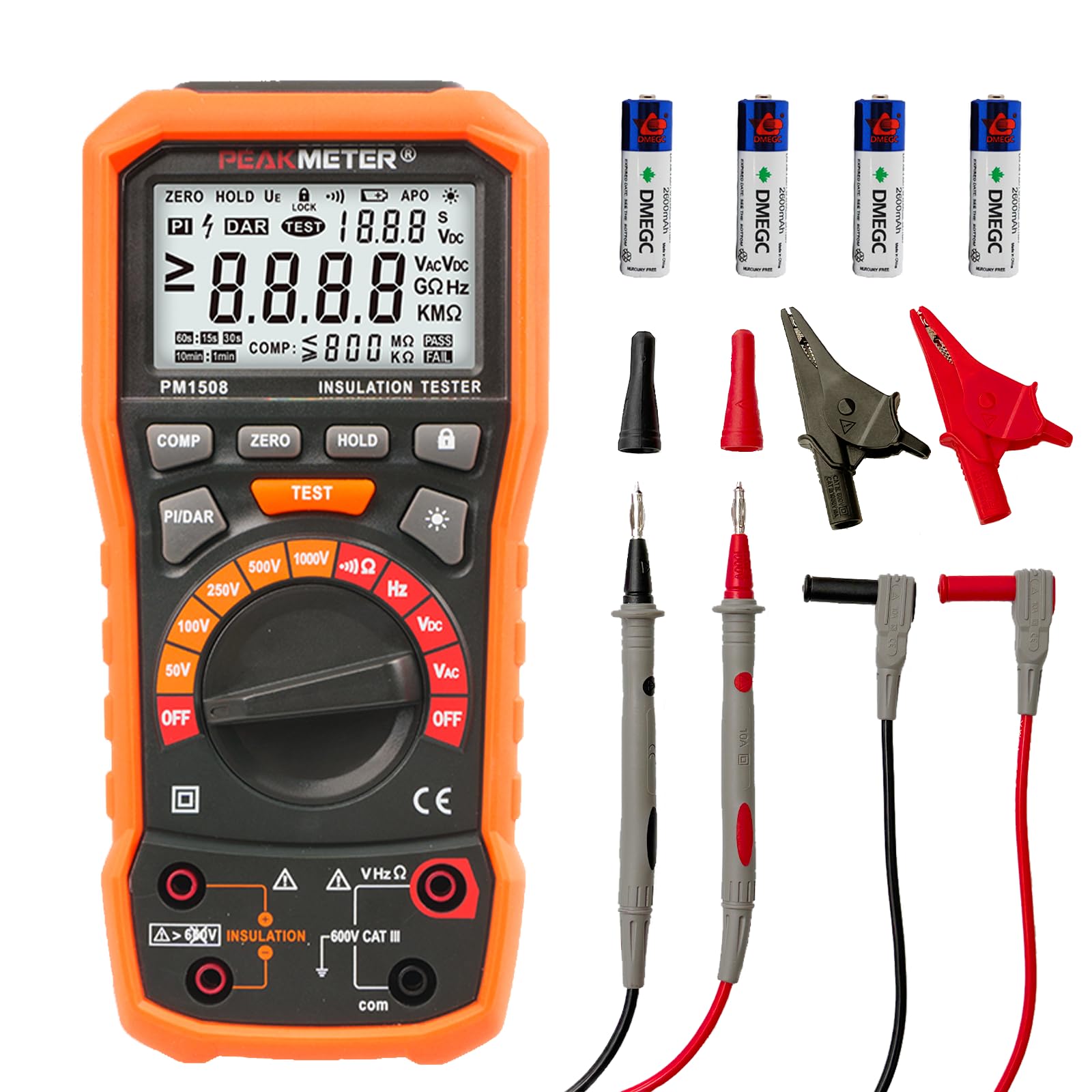 Tester Di Resistenza di Isolamento Megaohmmetro Digitale 1000 V AC/DC per Dispositivi Elettrici, Resistenza di Isolamento Fino a 100 GΩ, con PI/DAR, Test di Frequenza e Bassa Tensione