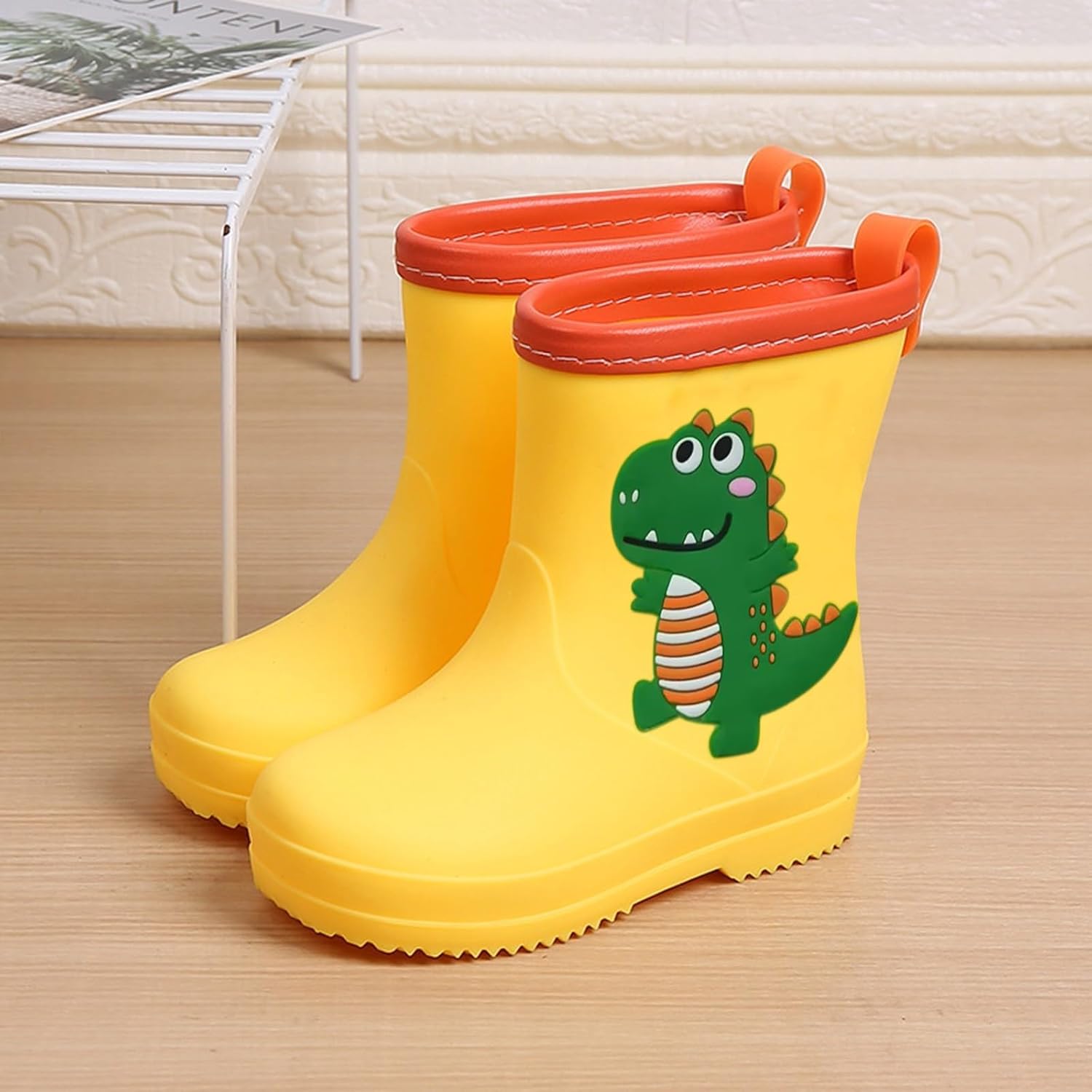 Toddler Kids Rain Boots Easy-on Waterproof Cartoon Dinosaur Pattern Rubber Booties Cute Lightweight Mud Proof Shoes