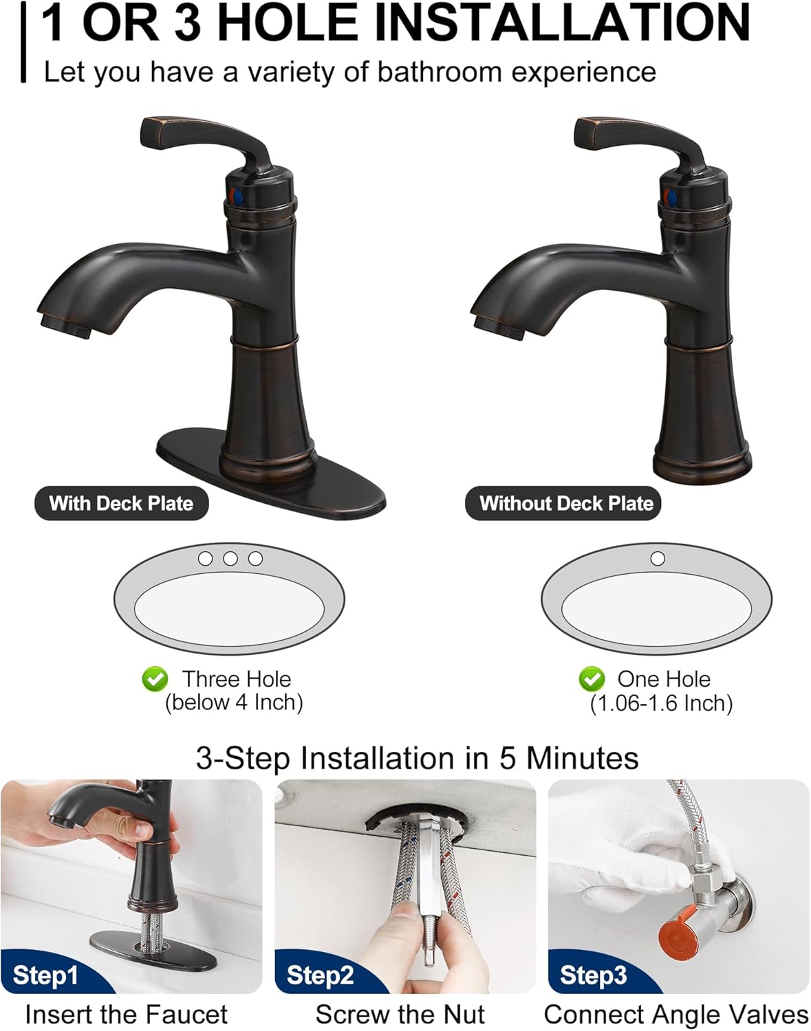 Brass One Hole Bathroom Faucet, 4 Inch Oil Rubbed Bronze Bathroom Faucets 3 Hole, Bathroom Sink Faucet Single Handle, Vanity Sink Faucet with Deck Plate, Pre-Installed Hoses, Pop-up Drain