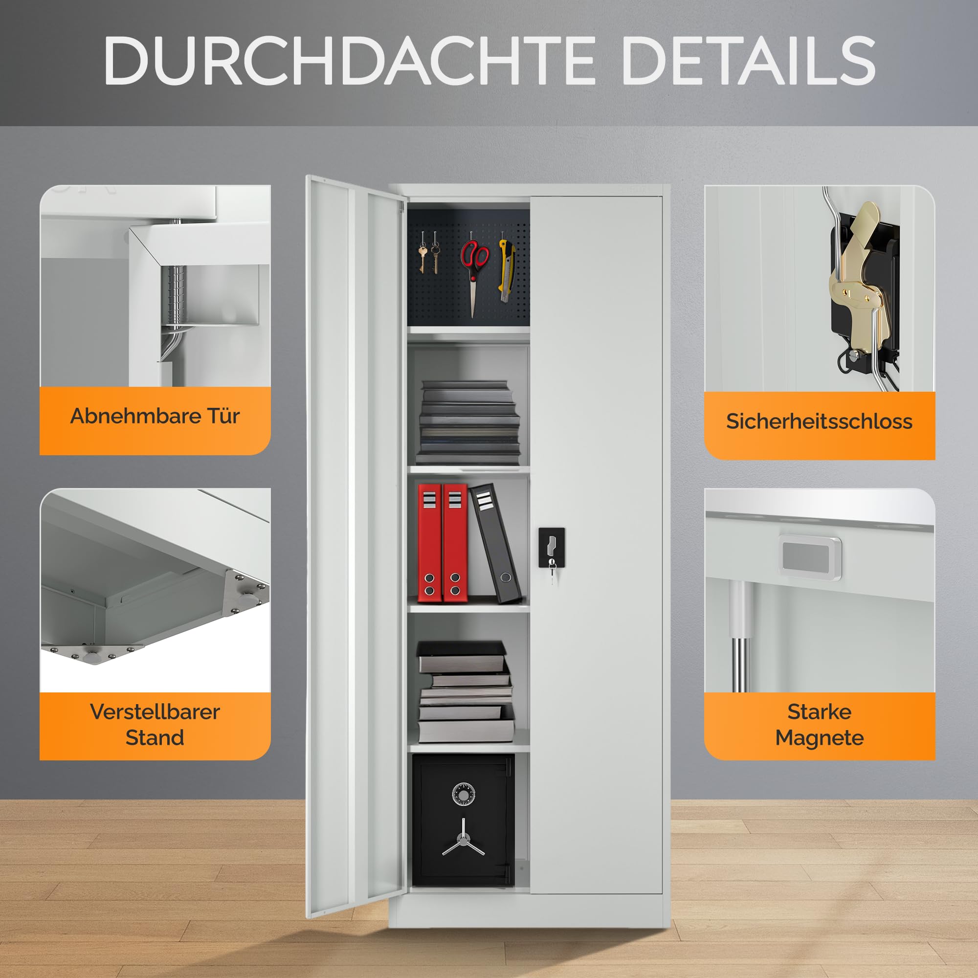 Aktenschrank – Metallschrank, Büroschrank mit Schloss & Steckwand – Werkzeugschrank, Aufbewahrungsschrank mit stabilem Stahlgehäuse & Magnettüren – Mehrzweckschrank für Büro, Werkstatt, Garage (Grau)
