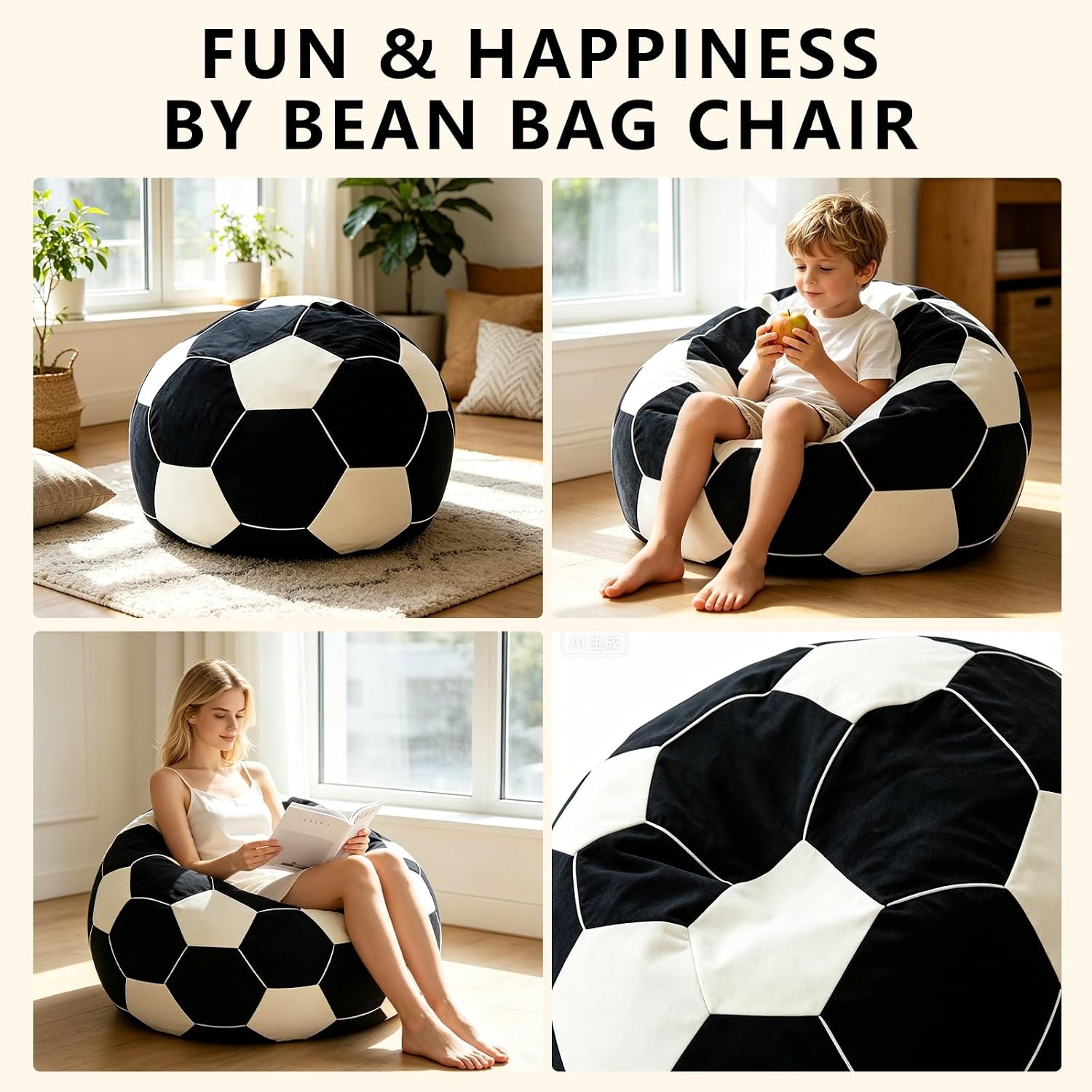 Beanbag Chairs for Kids(No Filler) Comfy Chair Cover for Storing Plush Toys.Soccer Bean Bag Chair,Soft for Teens and Adults in Bedrooms, Game Rooms and Reading Rooms.(D-2.6FT)