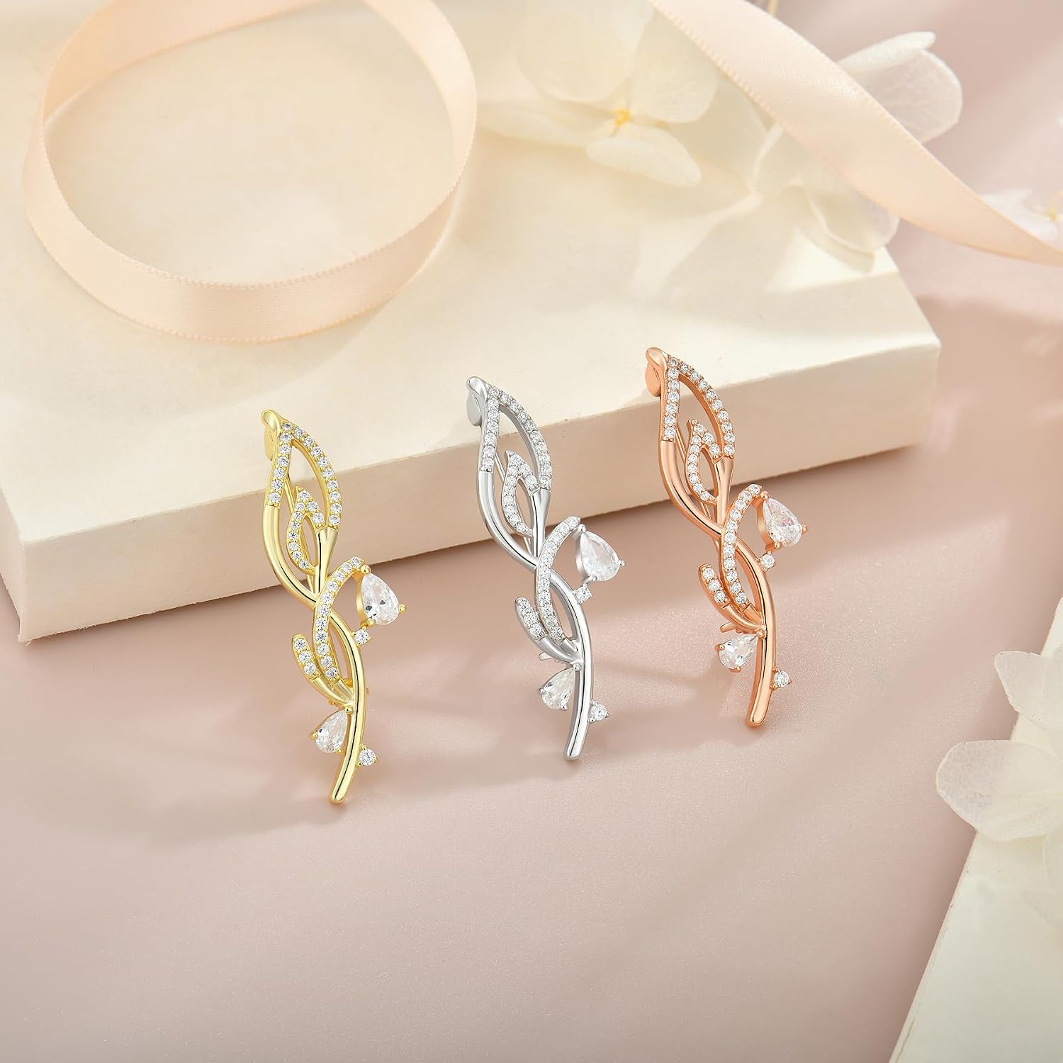 Leaf Brooch Pins for Women Men 925 Sterling Silver with Teardrop Zircon Brooches 18K Gold Plated Jewelry Gift for Birthday Christmas Anniversary