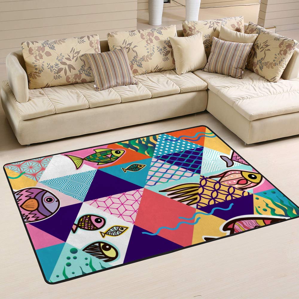 Tapis motif poisson Ruchen 80x58 inch grand tapis géométrique coloré pour salon