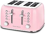 Roter Mond grille-pain 4 Acier inoxydable Slice Rétro avec des fentes extra larges Bagel, Défrost, Fonction de réchauffage, Panneau de contrôle double indépendant, Plateau amovible en croûte, 6 Niveaux de brunissement, rose