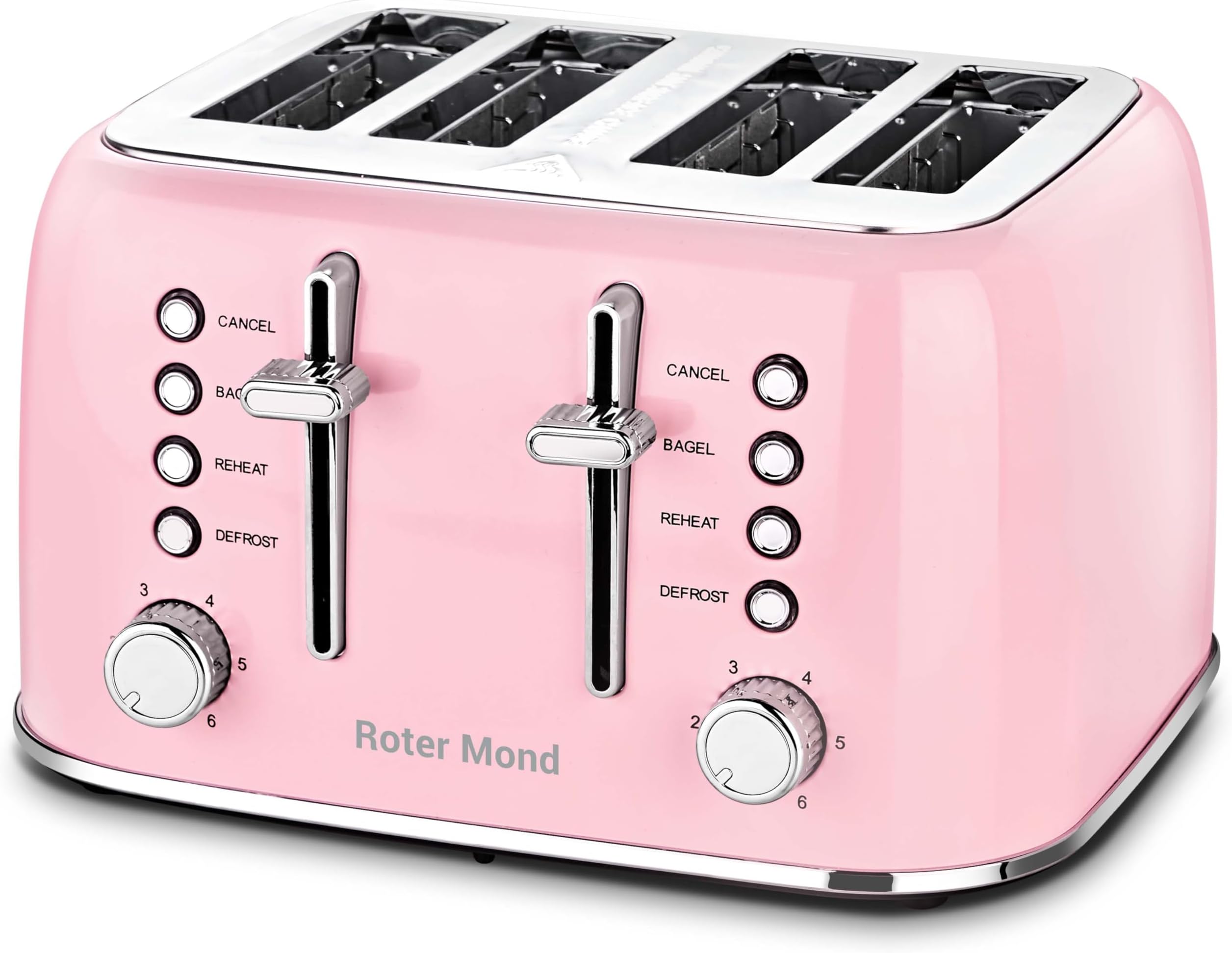 Roter Mond Toaster 4 Slice Retro Stainless Steel with Extra Wide Slots Bagel, Defrost, Reheat Function, Dual Independent Control Panel, Removable Crumb Tray, 6 Browning Levels, Pink